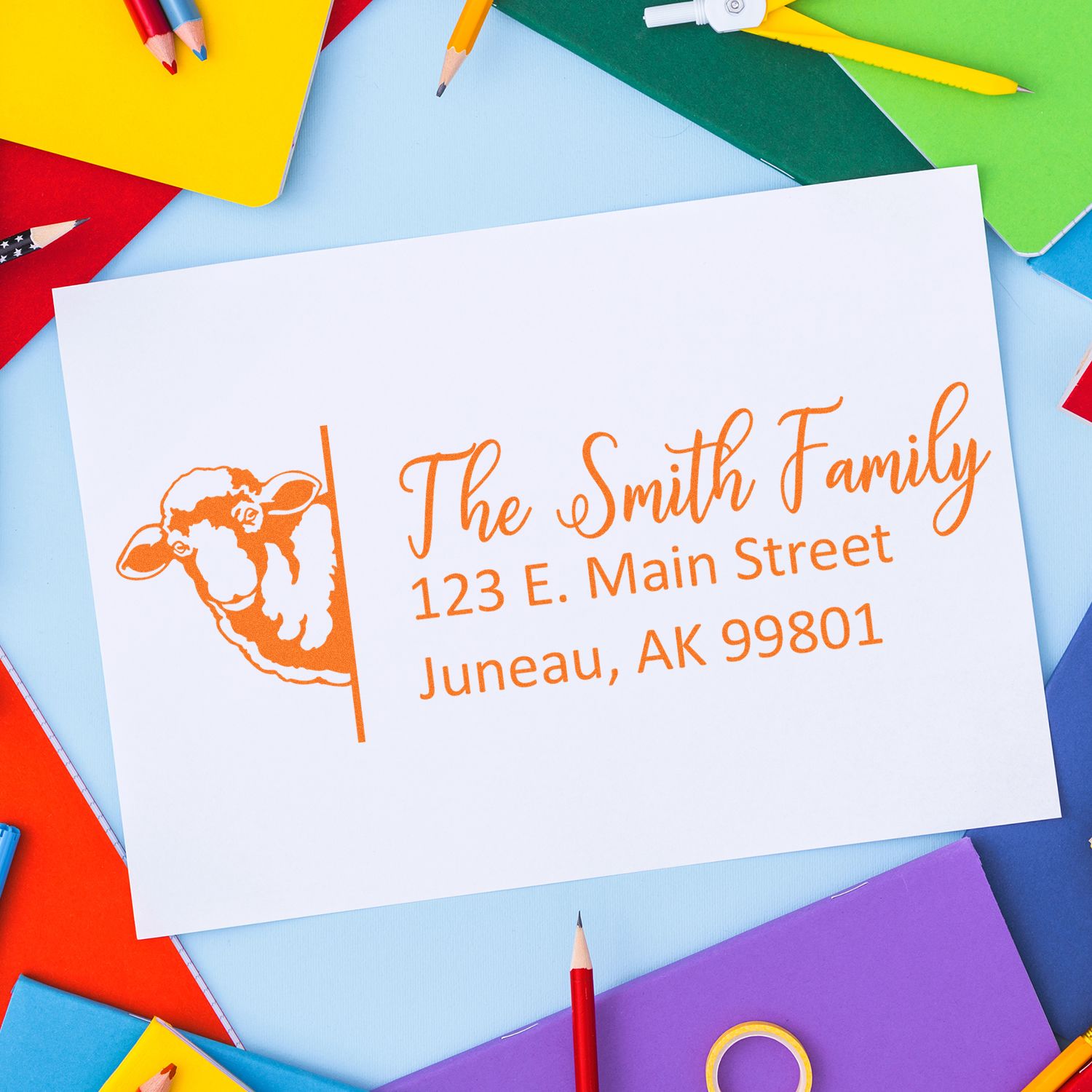 Custom return address rubber stamp with sheep design for personalized family mail and stationery.