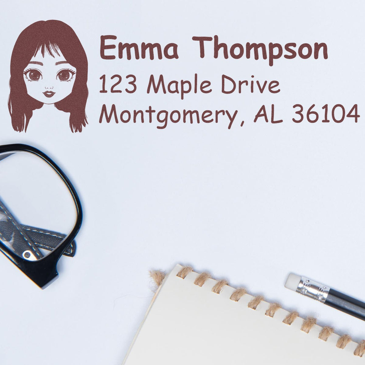 Custom rubber address stamp with girl illustration and return address for Emma Thompson, Montgomery, AL 36104.