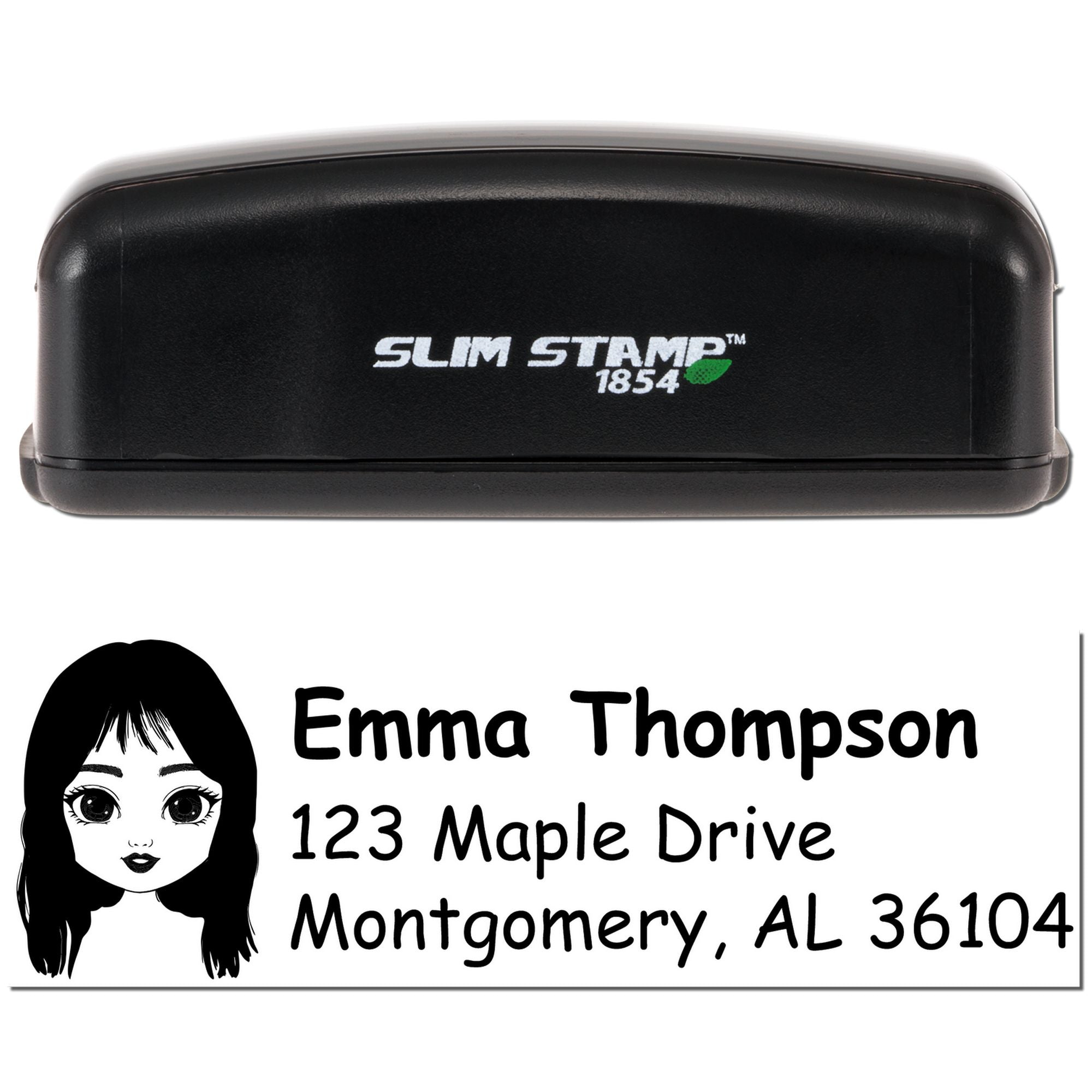 Slim Stamp 1854 custom self-inking address rubber stamp with girl illustration, name, and mailing address