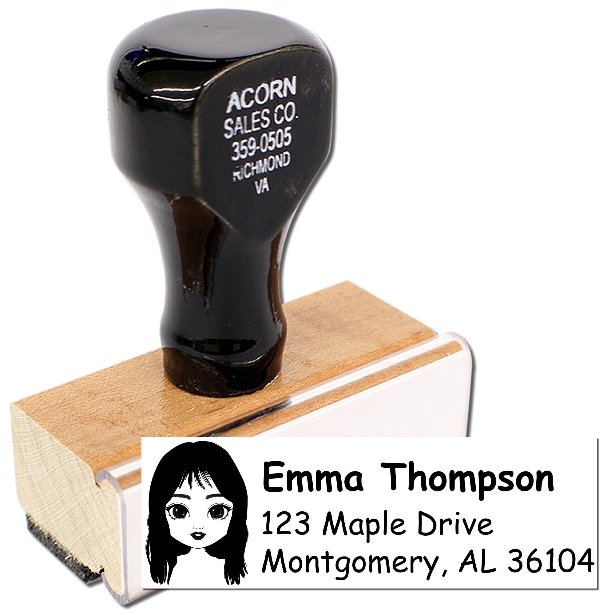 Personalized rubber address stamp with custom name and mailing address for mail, business, and return envelopes.