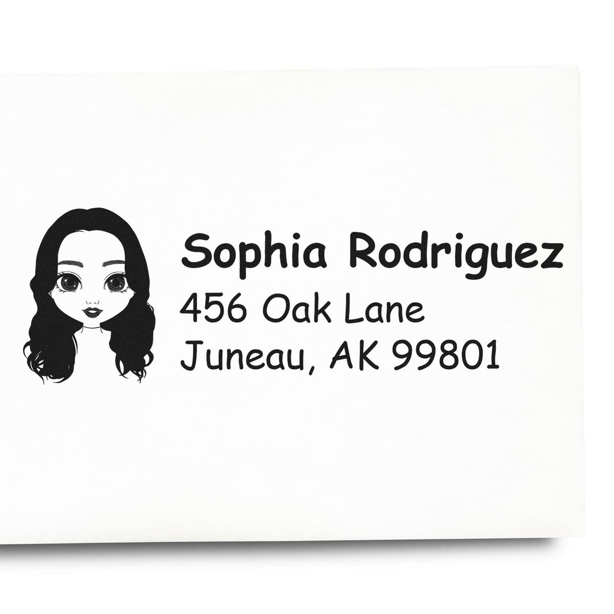 Custom return address rubber stamp with girl illustration for Sophia Rodriguez, Juneau, AK 99801