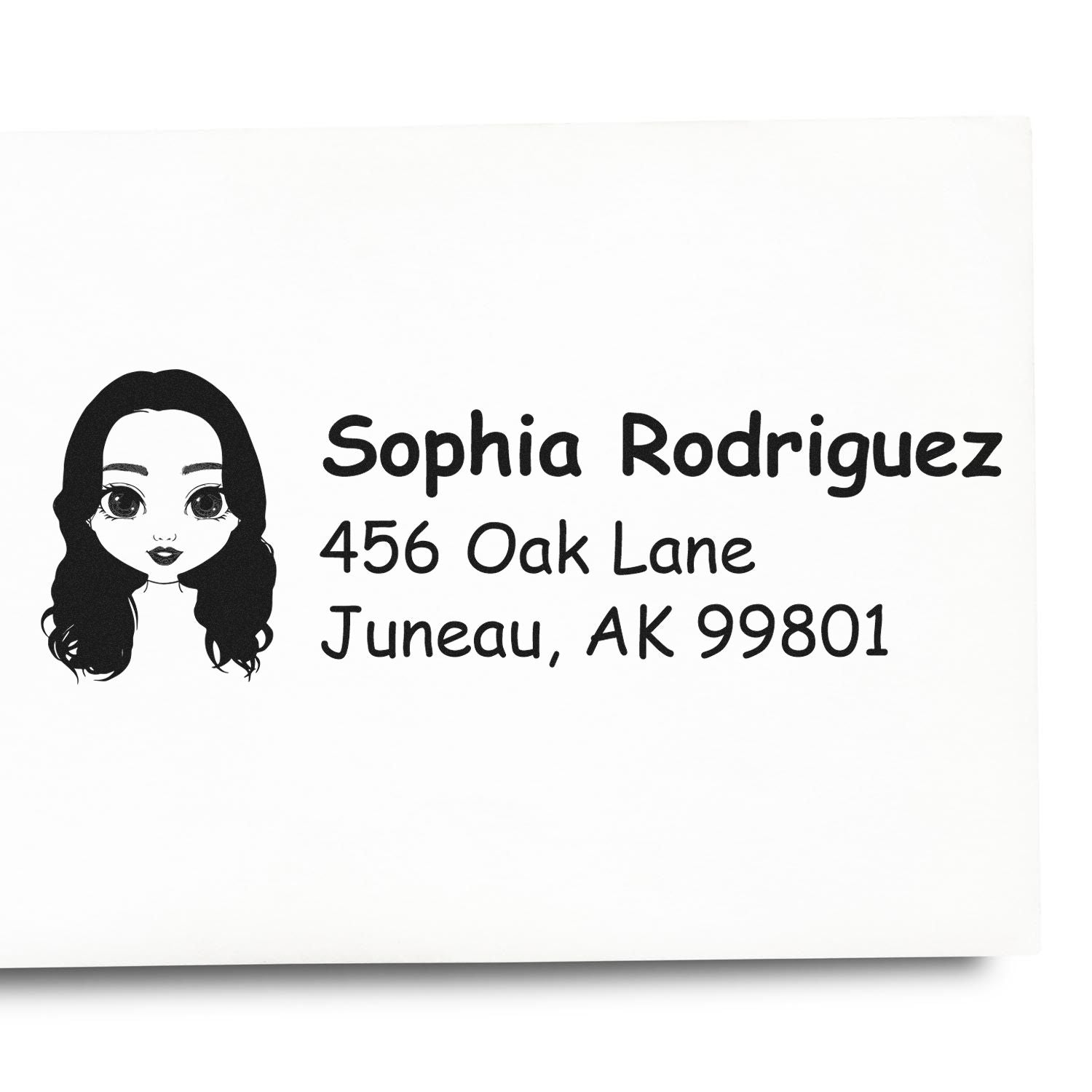 Personalized address rubber stamp with girl portrait, Sophia Rodriguez, 456 Oak Lane, Juneau, AK 99801.