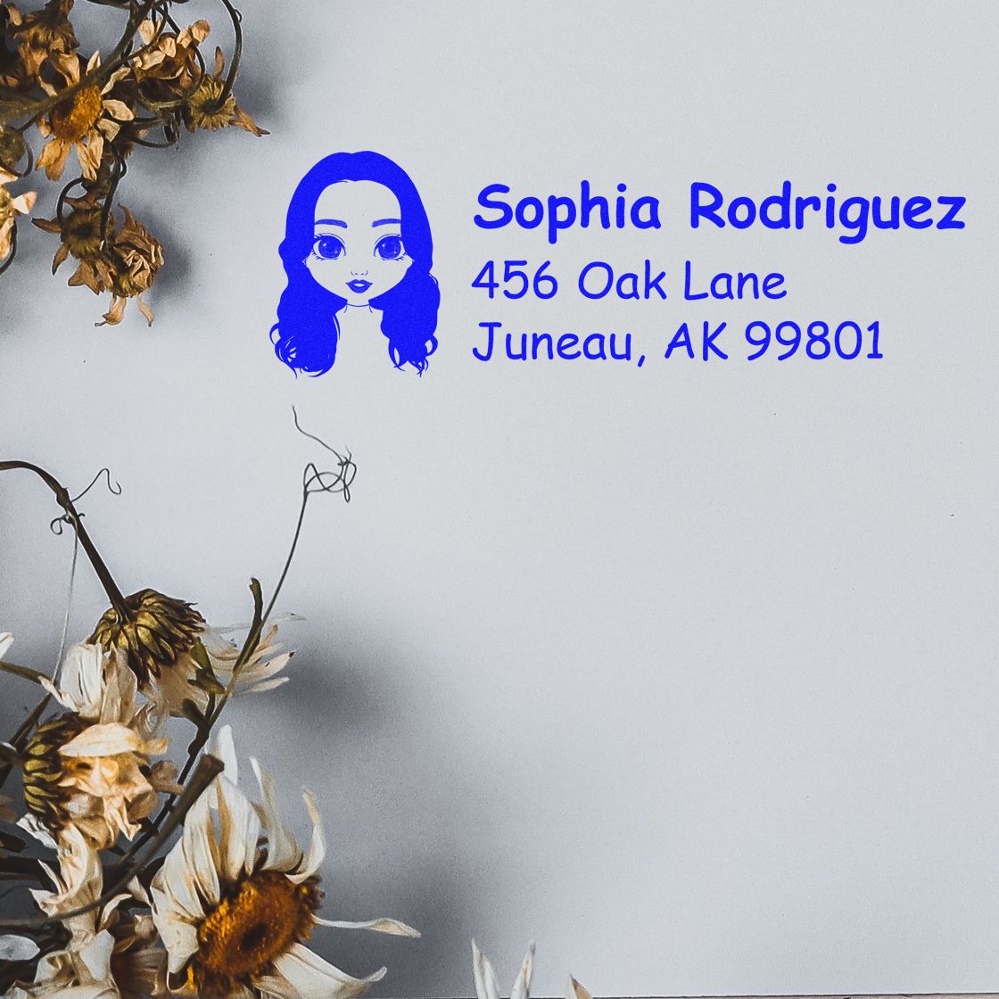 Custom rubber return address stamp with girl illustration, Sophia Rodriguez, 456 Oak Lane, Juneau, AK 99801