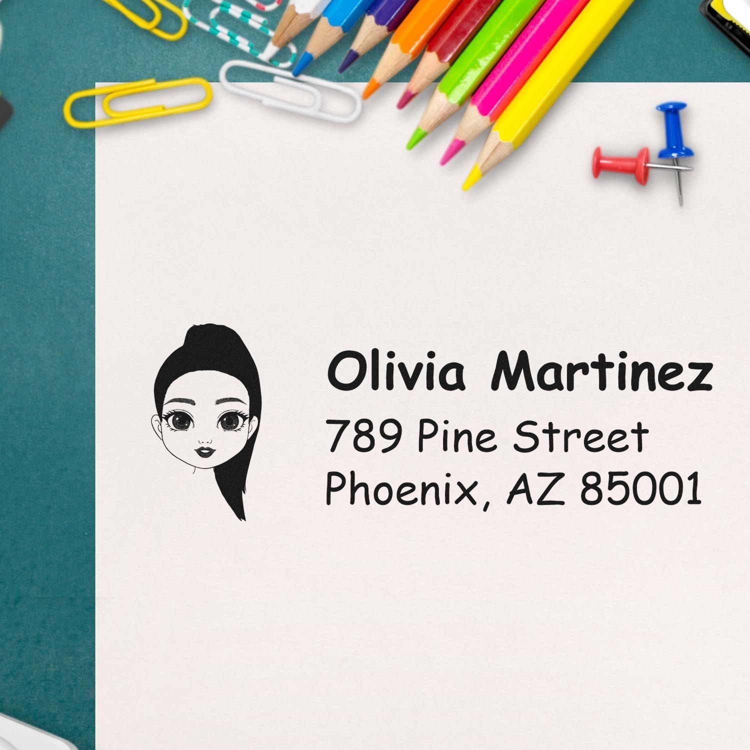 Personalized address rubber stamp with girl illustration for Olivia Martinez, Phoenix AZ, ideal for stationery and mailing labels.