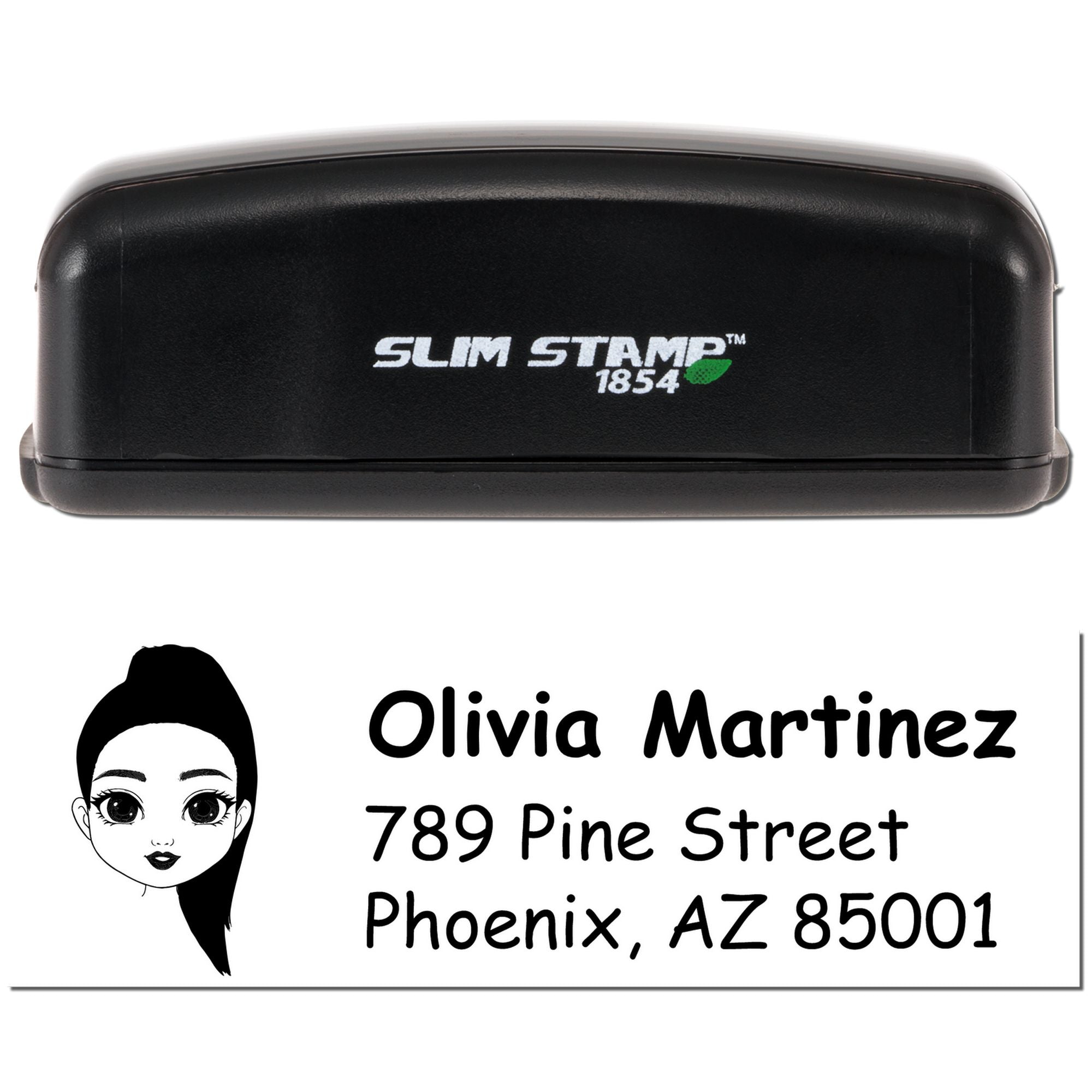 Custom self-inking rubber address stamp with personalized Olivia Martinez, Phoenix AZ imprint for mailing and branding.