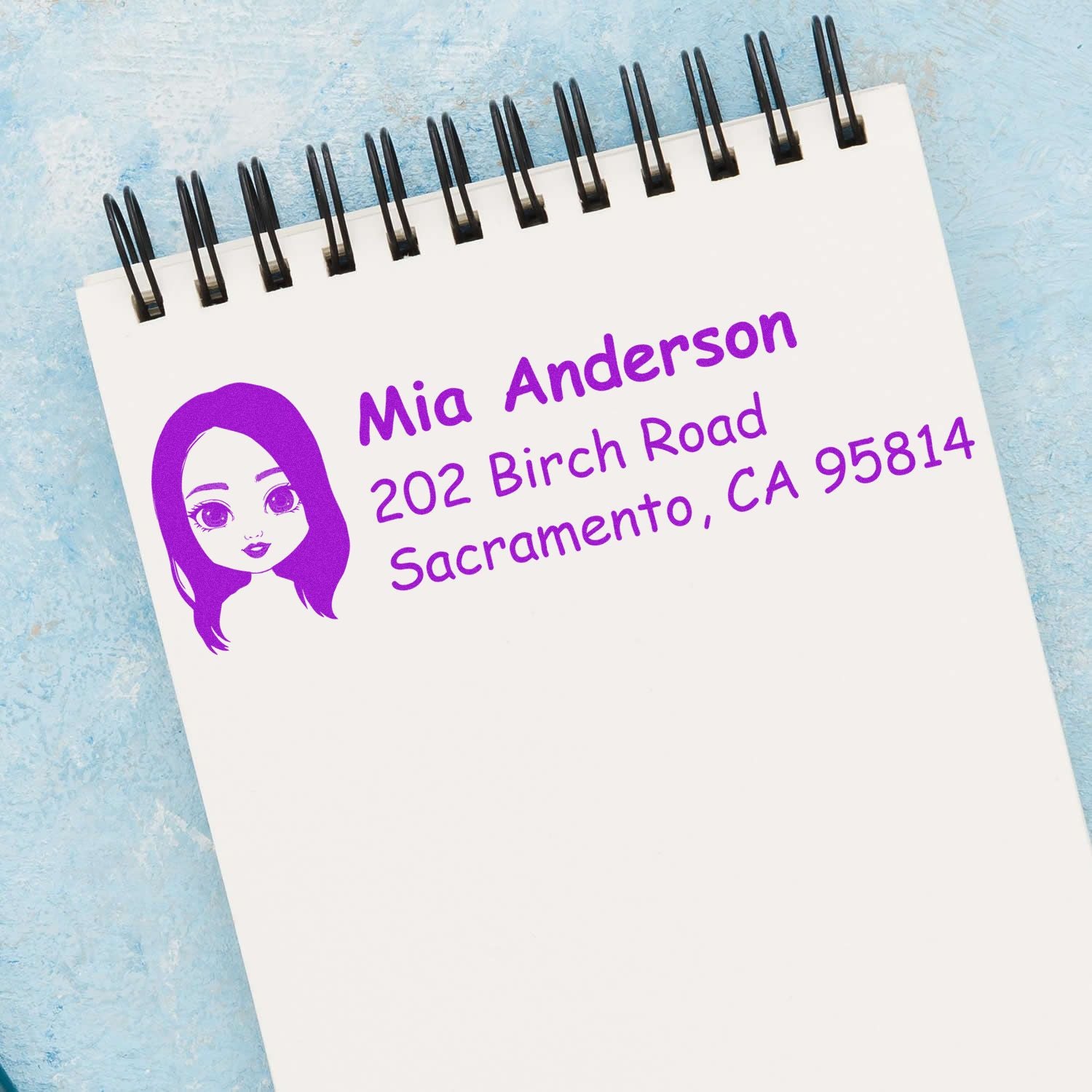 Custom personalized return address rubber stamp with girl portrait, Mia Anderson, 202 Birch Road, Sacramento, CA 95814.