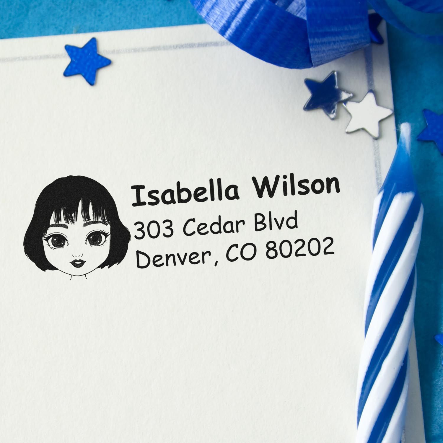 Custom return address rubber stamp with girl illustration for personalized envelopes and mailing.