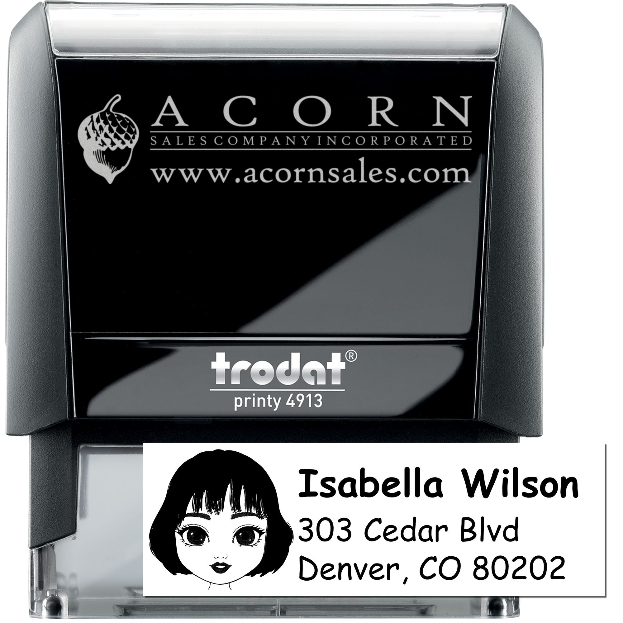 Trodat Printy 4913 custom self-inking rubber stamp showing logo and address imprint sample