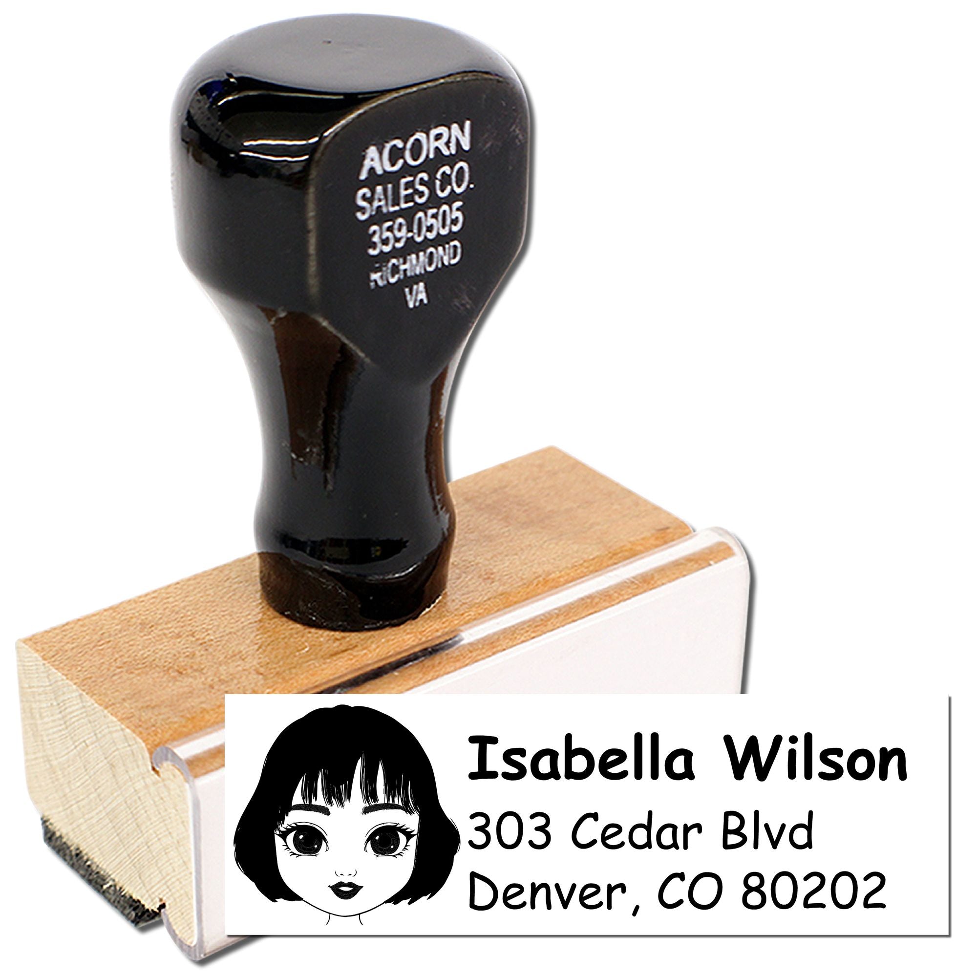 Personalized return address rubber stamp with custom name, Denver address, and portrait logo for mailing.