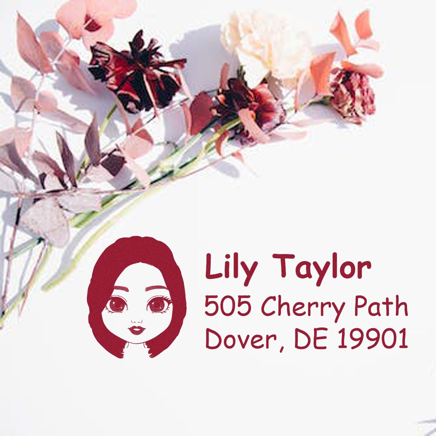 Custom floral return address stamp with name and address for wedding invitations, envelopes, and personal mail.
