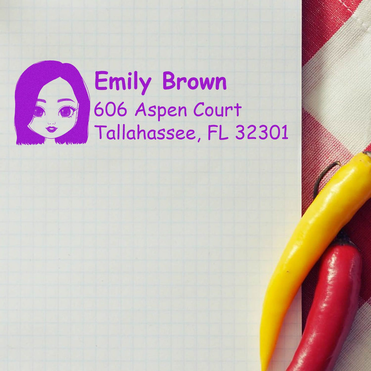 Custom personalized address rubber stamp with avatar for mailing, Emily Brown, 606 Aspen Court, Tallahassee, FL 32301.