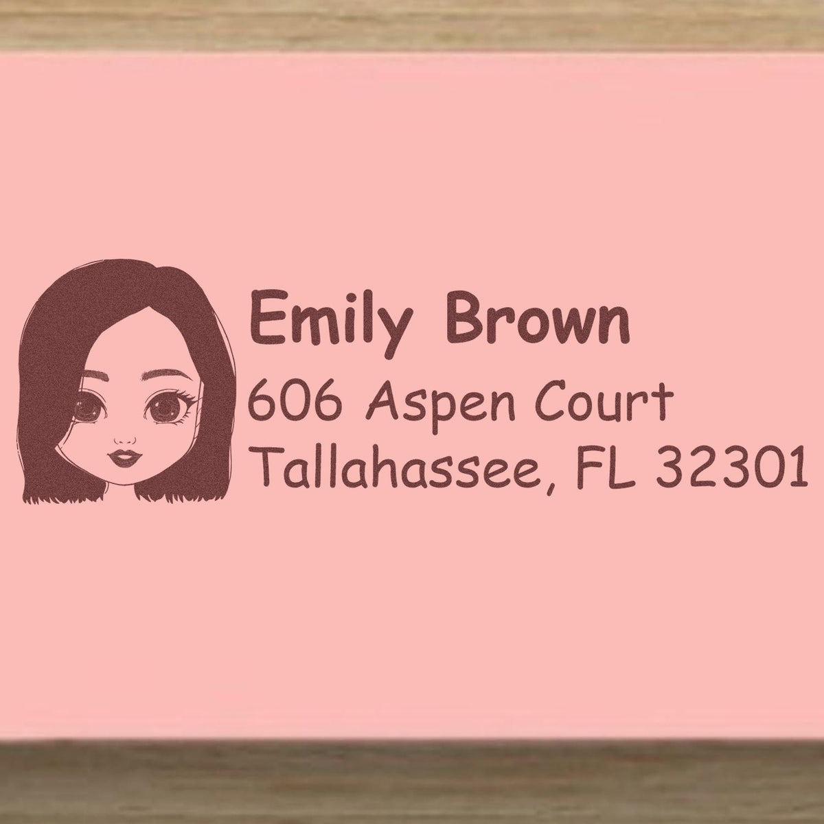 Personalized return address rubber stamp with girl avatar, Emily Brown, 606 Aspen Court, Tallahassee, FL 32301