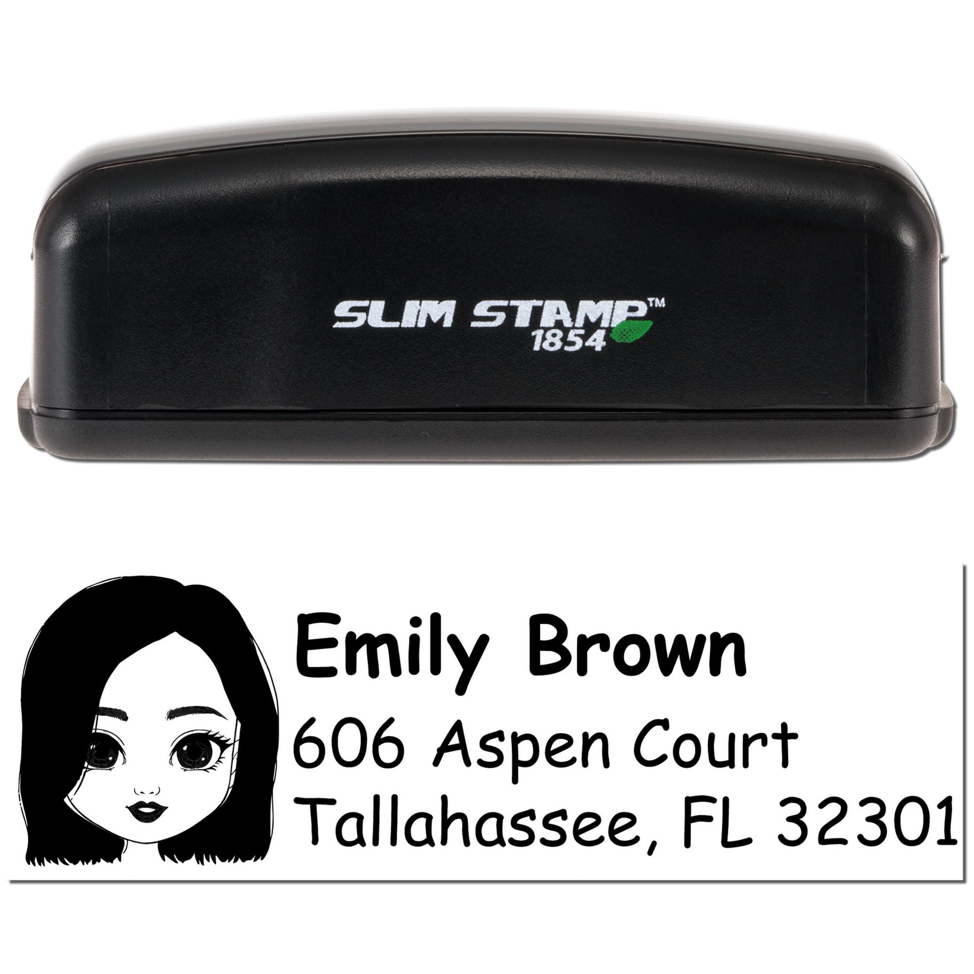 Slim Stamp 1854 custom rubber stamp with personalized return address for Emily Brown, 606 Aspen Court, Tallahassee, FL 32301