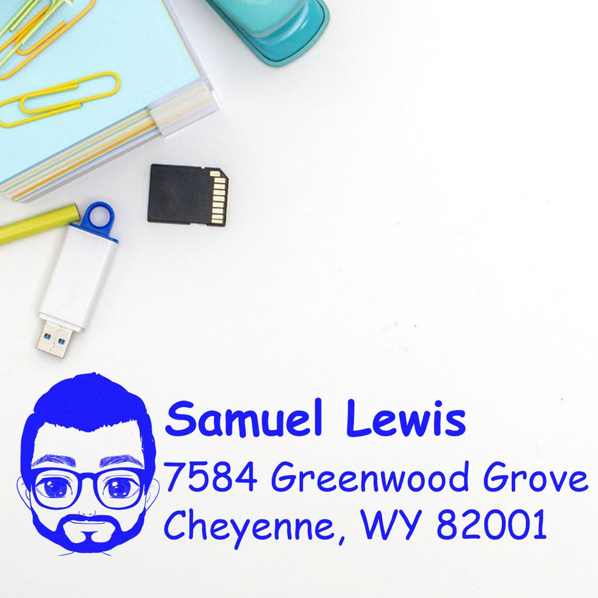 Personalized rubber address stamp with avatar, name and Cheyenne, WY mailing address for envelopes and business use.