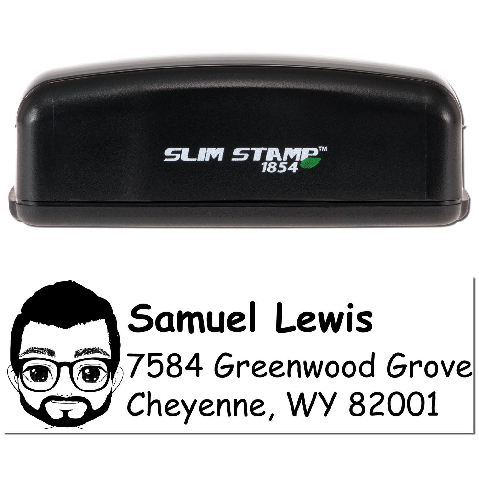 Custom self-inking Slim Stamp 1854 rubber stamp with personalized return address design for Samuel Lewis, Cheyenne, WY 82001.