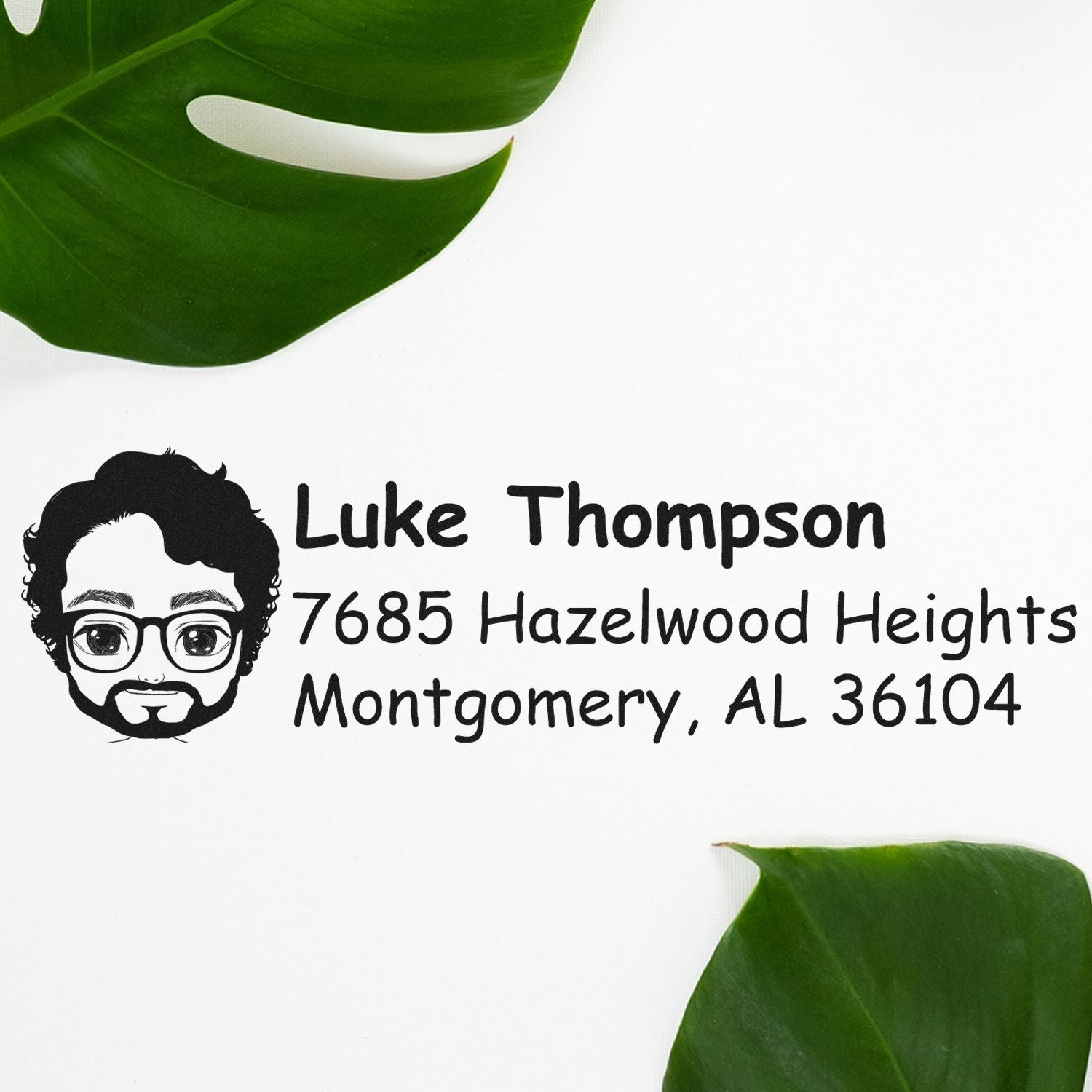 Custom return address rubber stamp for Luke Thompson, 7685 Hazelwood Heights, Montgomery, AL 36104