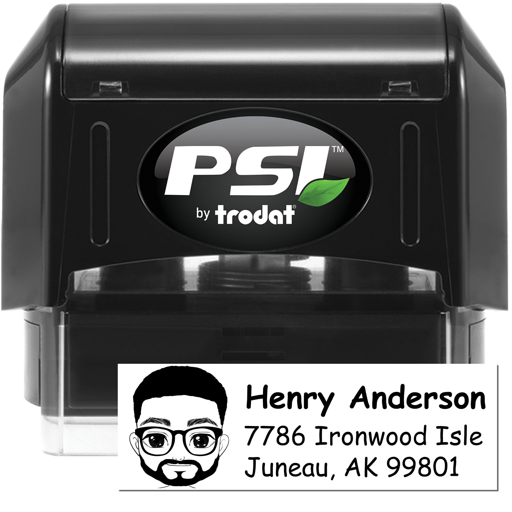 PSI by Trodat self-inking custom rubber stamp for personalized return address and mail labeling.