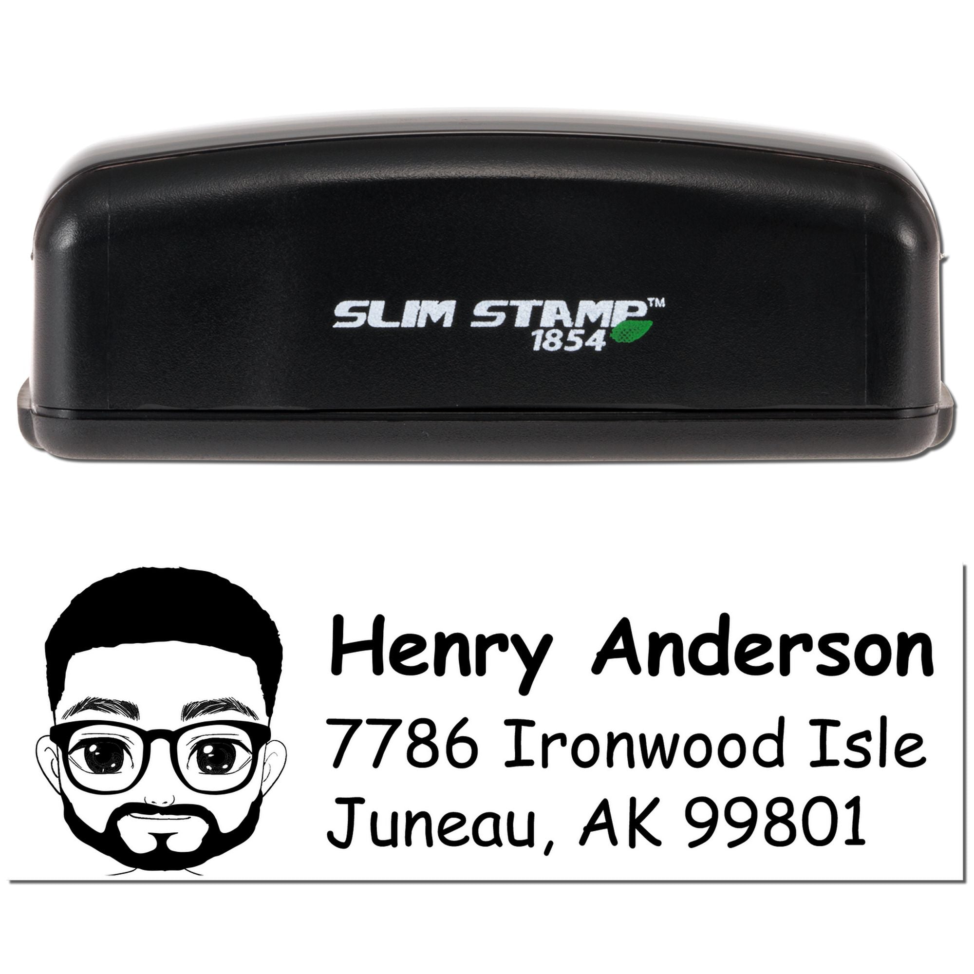 Custom return address rubber stamp with portrait, Henry Anderson, Juneau AK 99801, in Slim Stamp 1854 self-inking case.