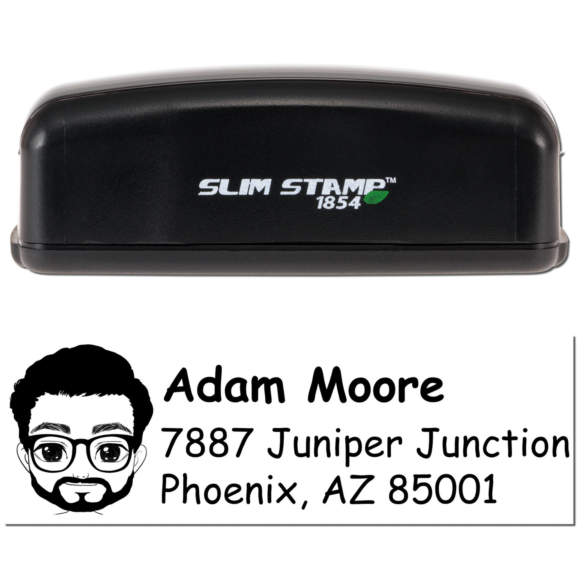 Slim Stamp 1854 custom self-inking rubber stamp with personalized name and address imprint for mailing and return addresses.