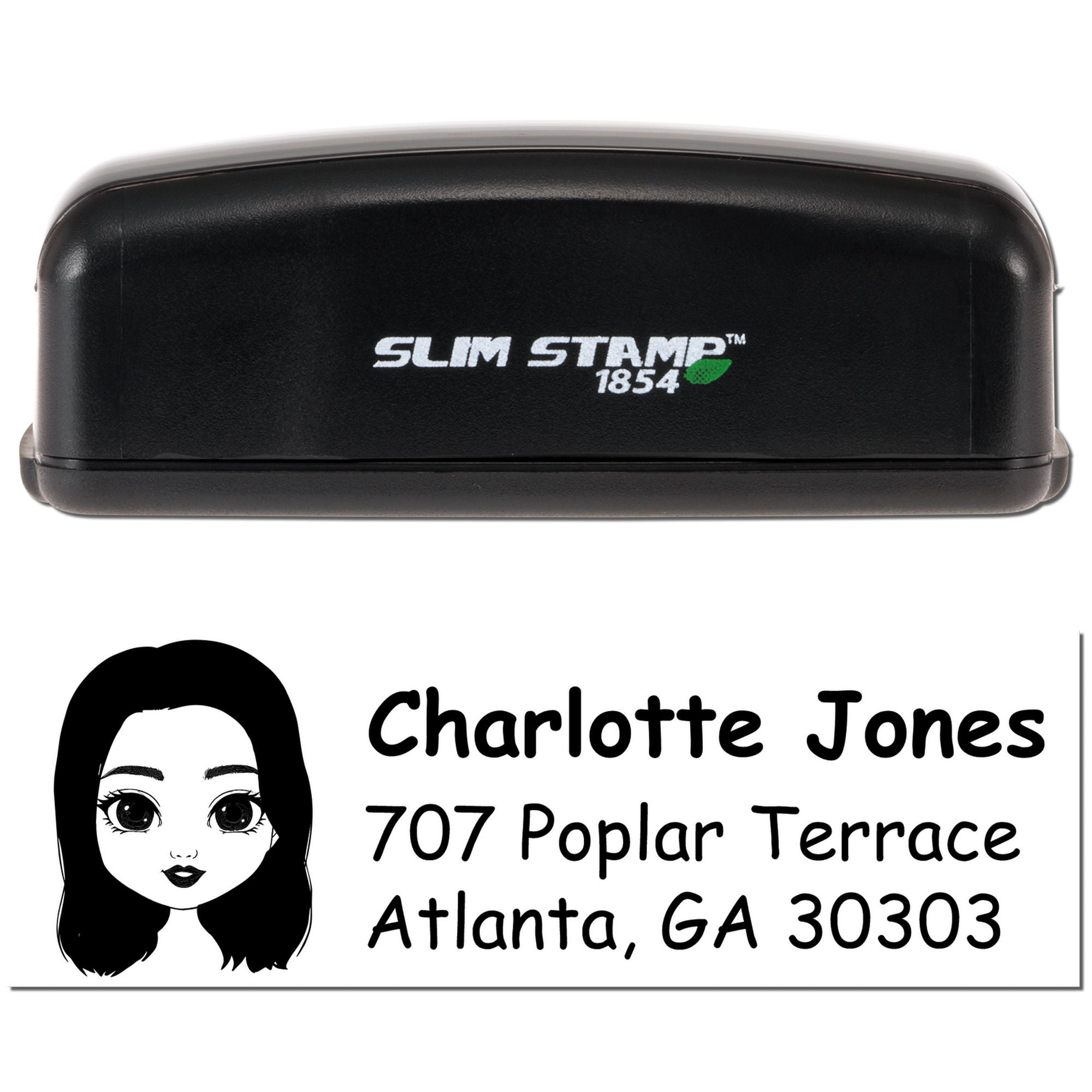 Custom self-inking address rubber stamp with Slim Stamp 1854, featuring Charlotte Jones return address.