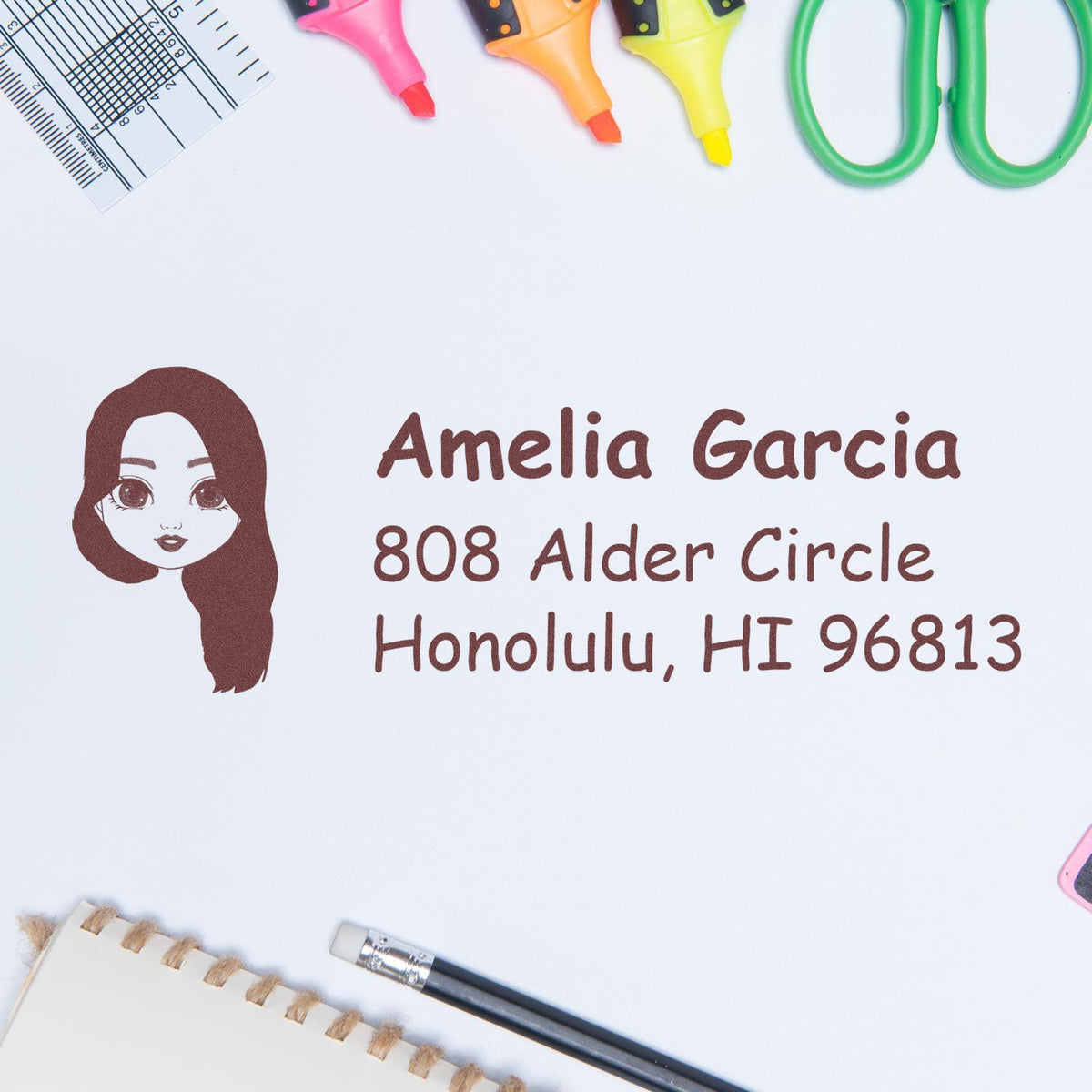 Personalized rubber stamp with Amelia Garcia return address and female avatar, Honolulu, HI 96813.