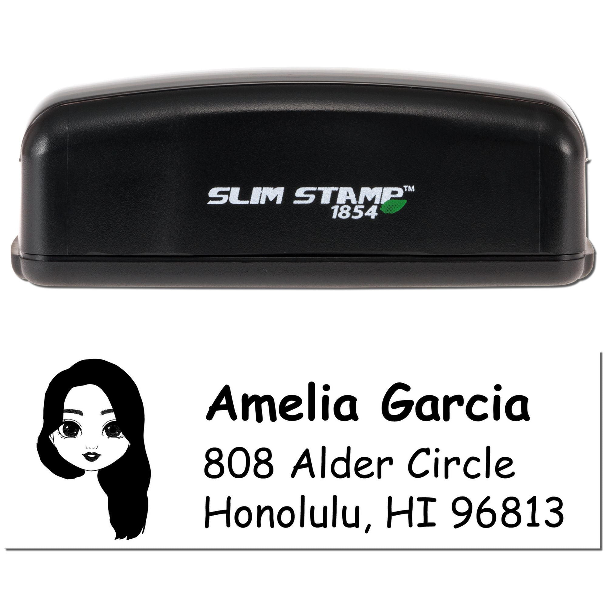 Slim Stamp 1854 custom address rubber stamp with personalized name and Honolulu, HI return address.