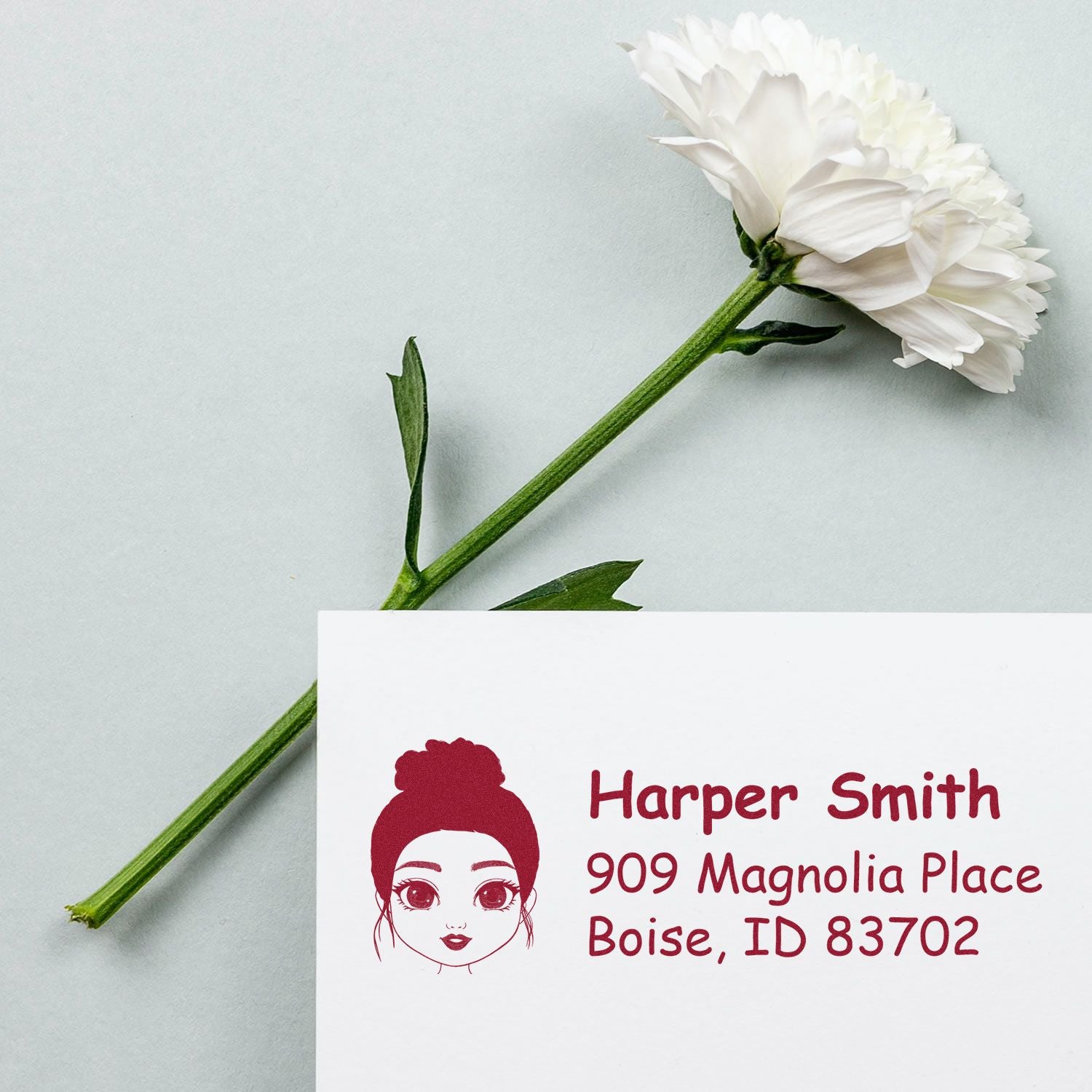 Custom return address rubber stamp impression with name and Boise, ID address on a card, ideal for envelopes and mailings.
