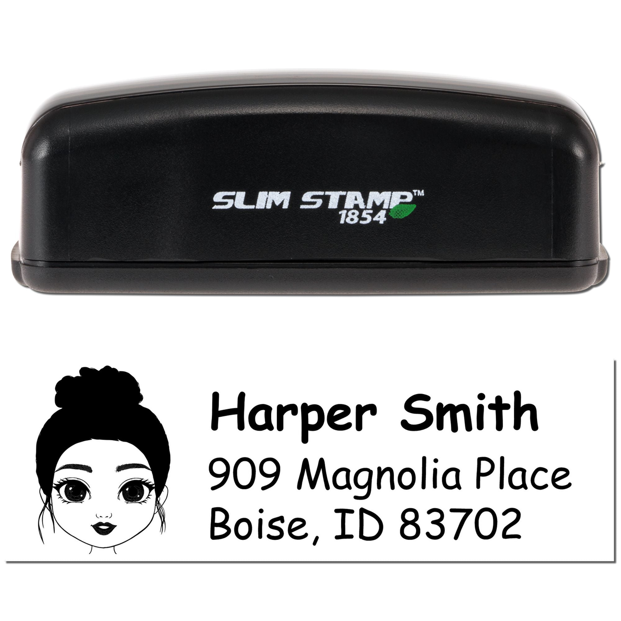 Custom self-inking return address rubber stamp, Slim Stamp 1854, with sample imprint for Harper Smith, Boise, ID.