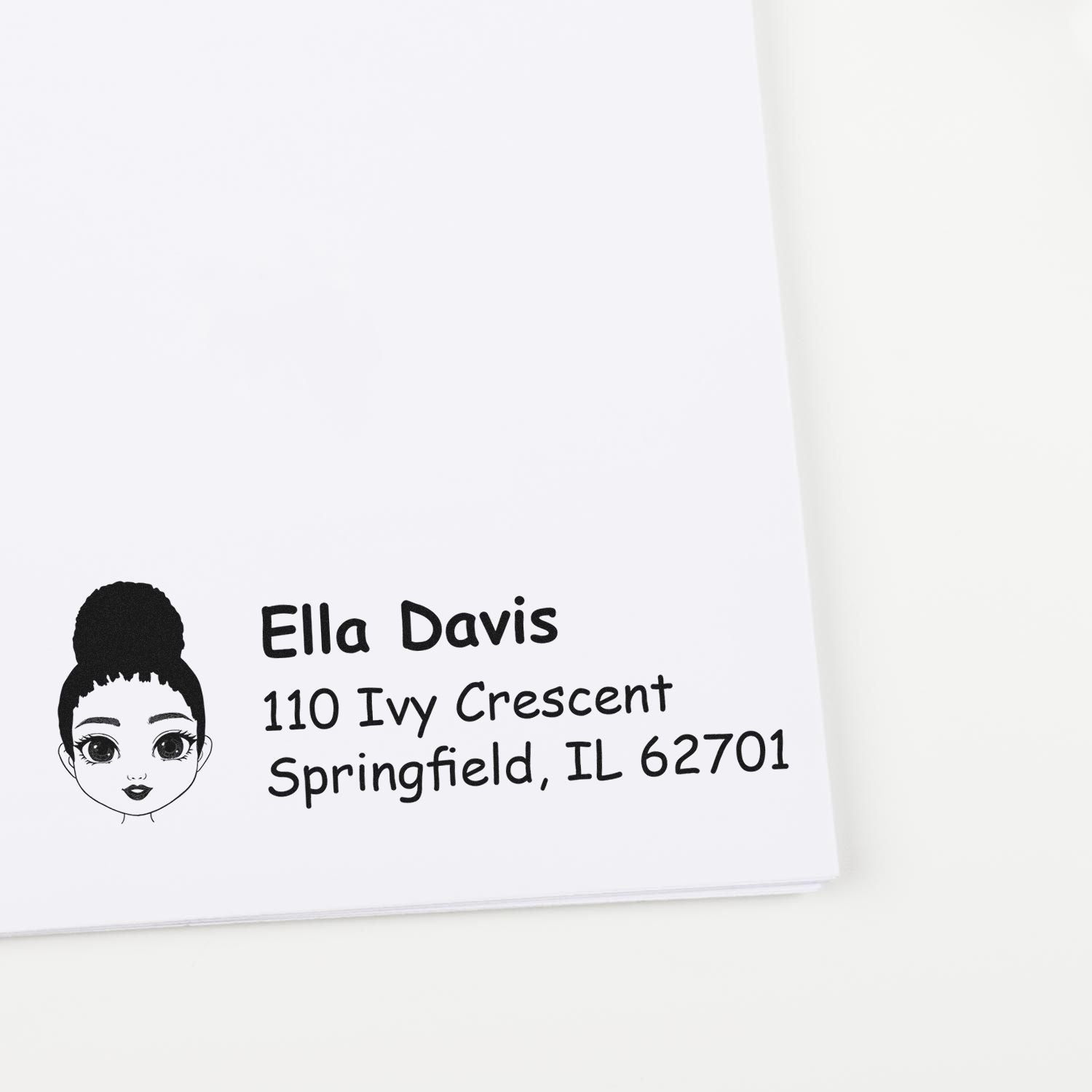 Personalized return address rubber stamp with girl illustration for Ella Davis, Springfield, IL home mail use.