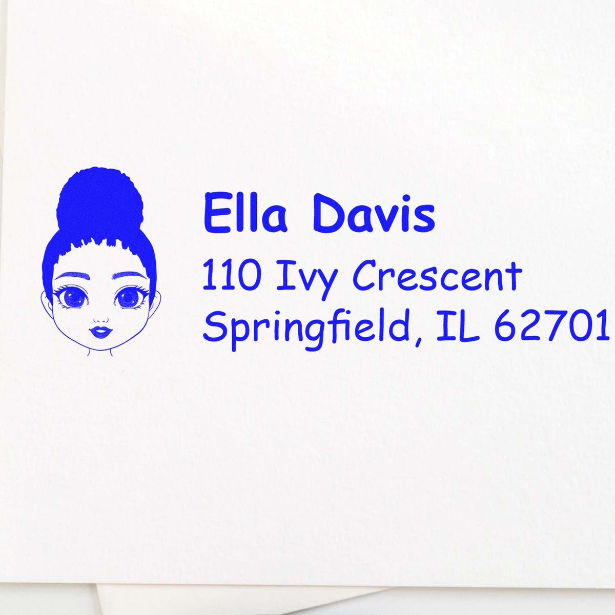 Custom rubber address stamp with girl logo for Ella Davis, 110 Ivy Crescent, Springfield, IL 62701.