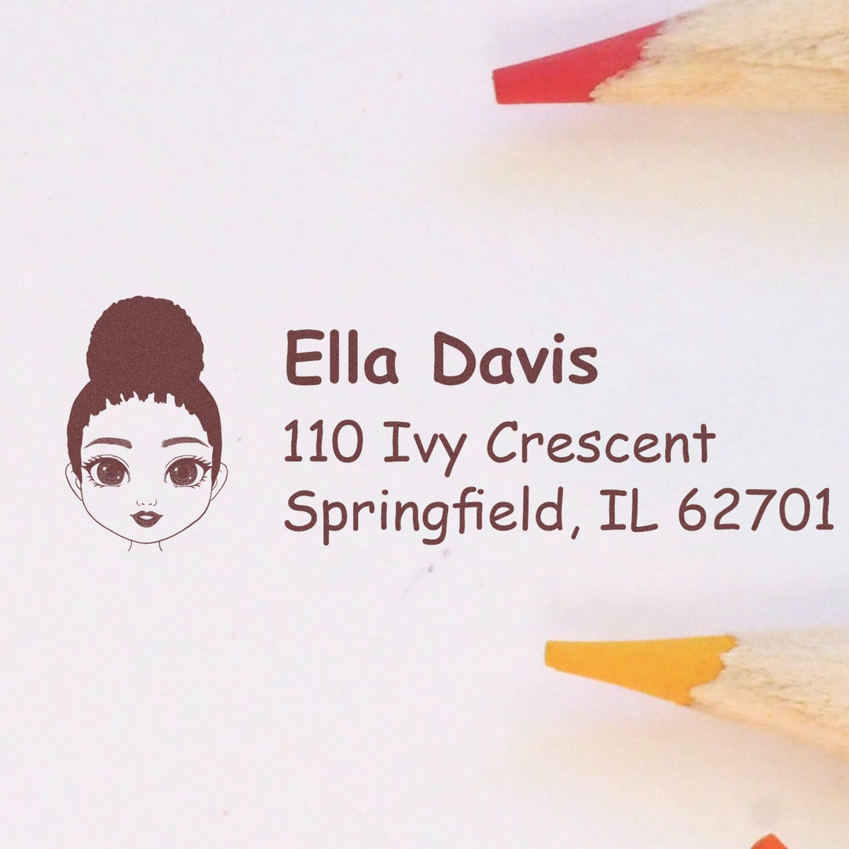 Custom return address rubber stamp with girl portrait, ideal for personalized envelopes, stationery, and mailing labels.