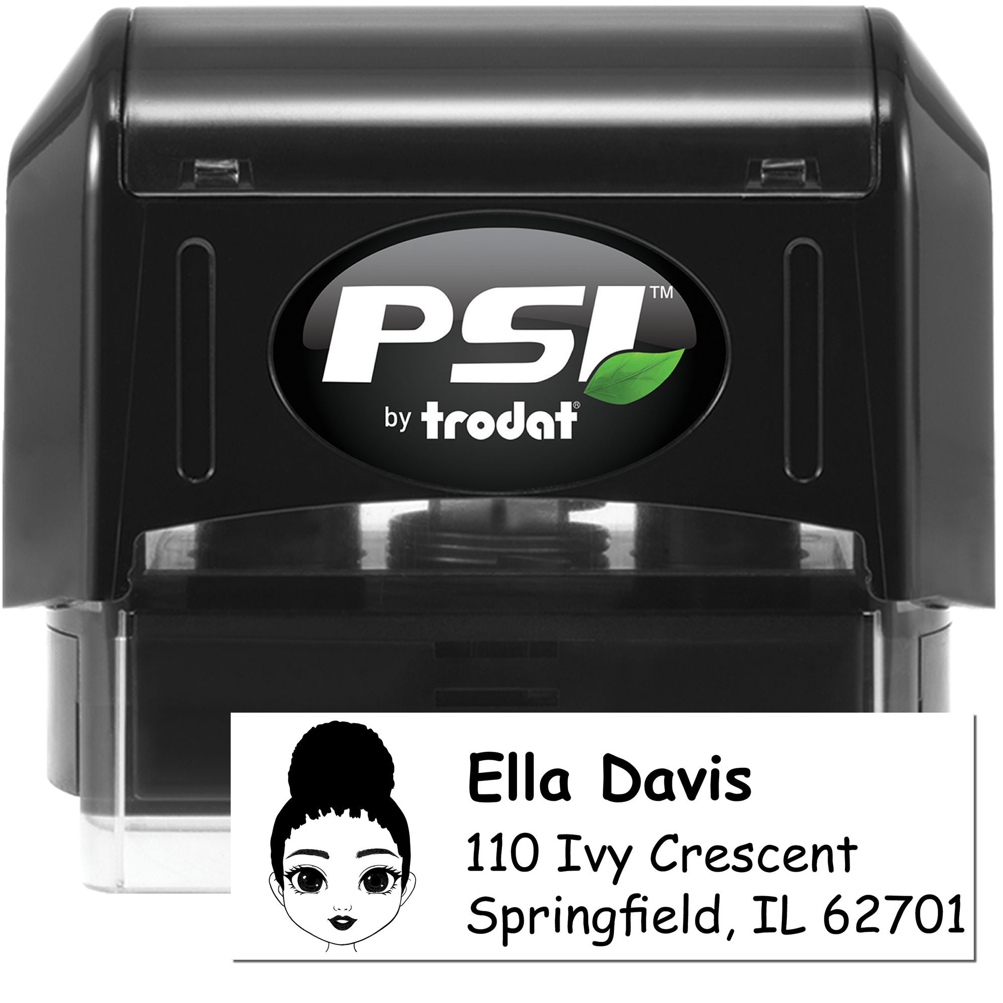 PSI by Trodat self-inking custom return address rubber stamp with name and Springfield, IL imprint sample