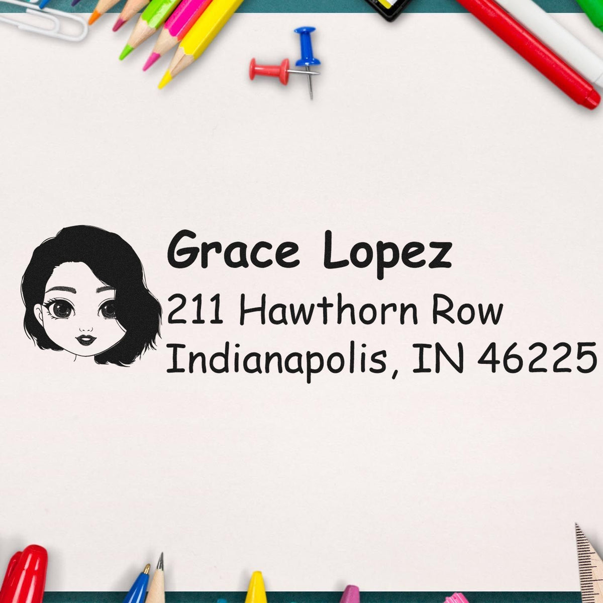Custom address rubber stamp with female portrait, Grace Lopez, 211 Hawthorn Row, Indianapolis, IN 46225.
