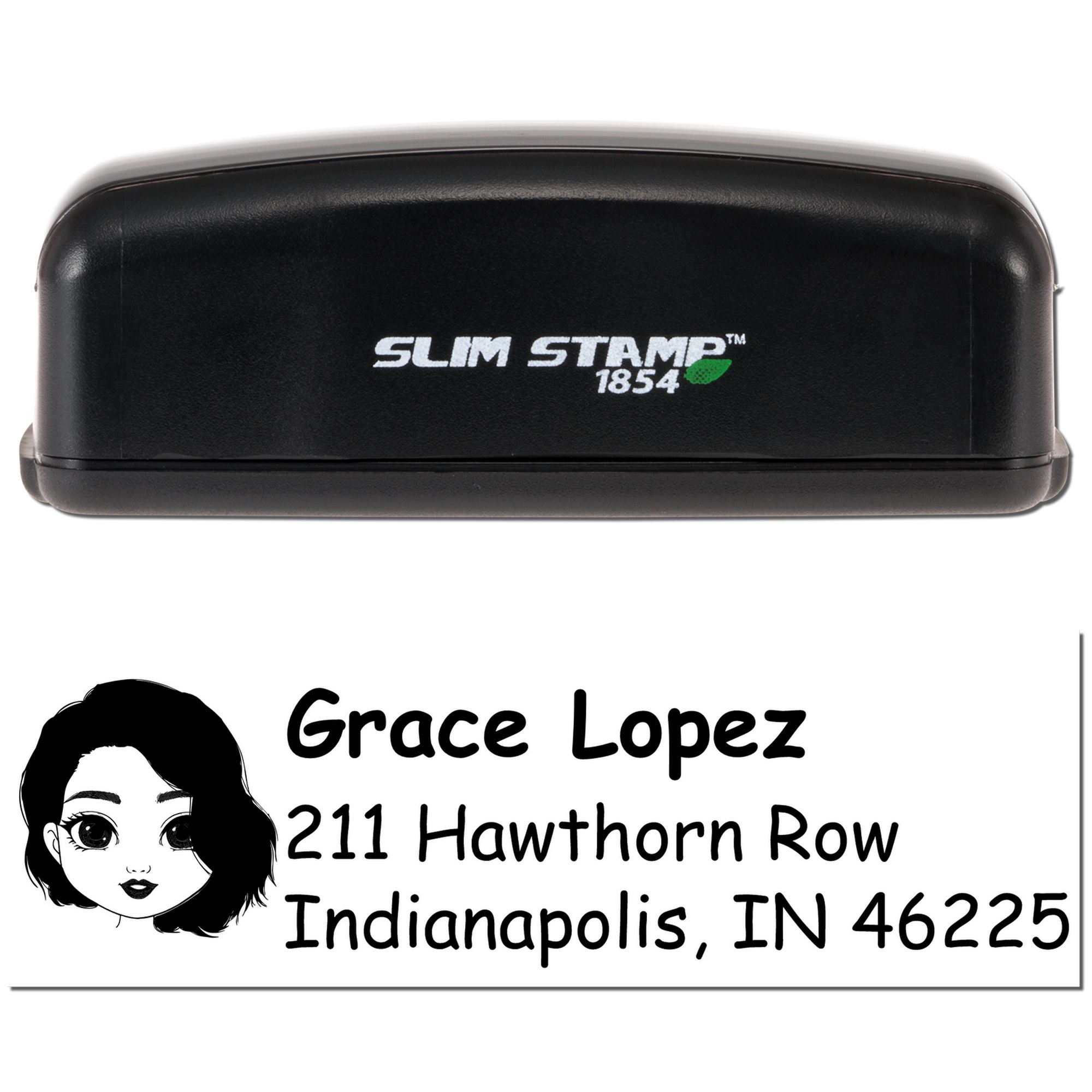 Custom self-inking rubber address stamp with Slim Stamp 1854, featuring Grace Lopez return address, Indianapolis, IN 46225