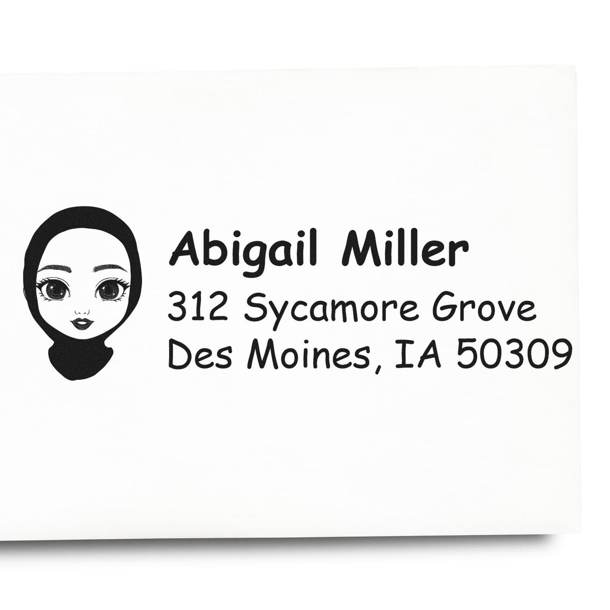 Custom address rubber stamp with hijab icon for Abigail Miller, 312 Sycamore Grove, Des Moines, IA 50309.