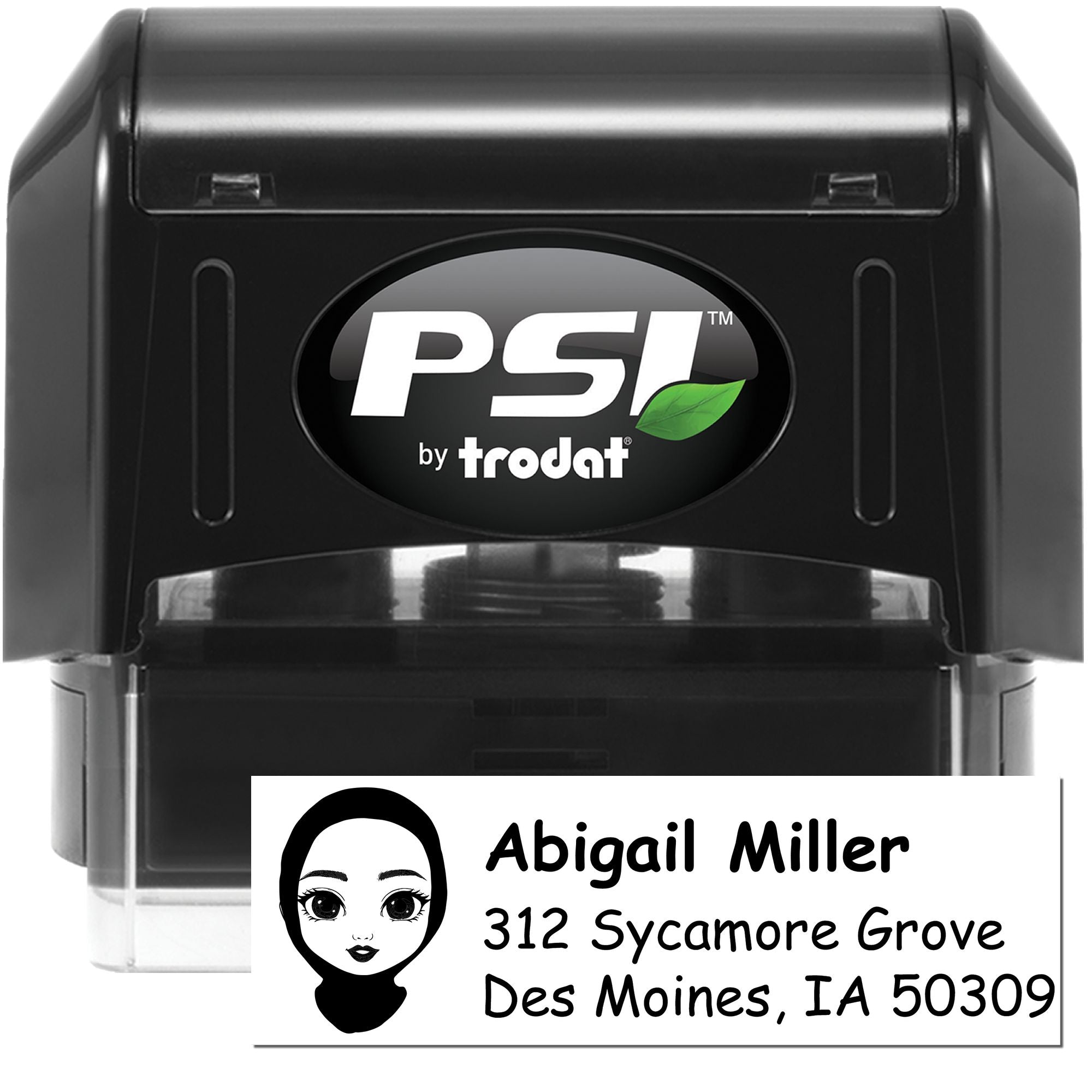 Custom self-inking rubber address stamp by PSI by Trodat with name, address and portrait icon for mailing labels.