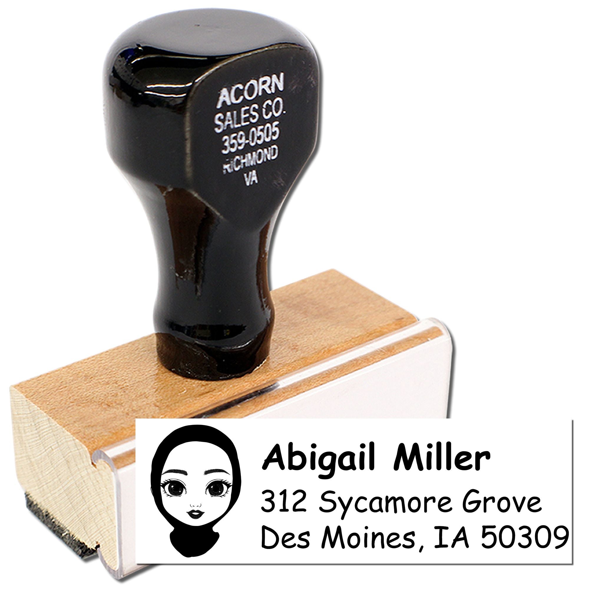 Custom address rubber stamp for mailing, with personalized return address imprint and sample name and address design.