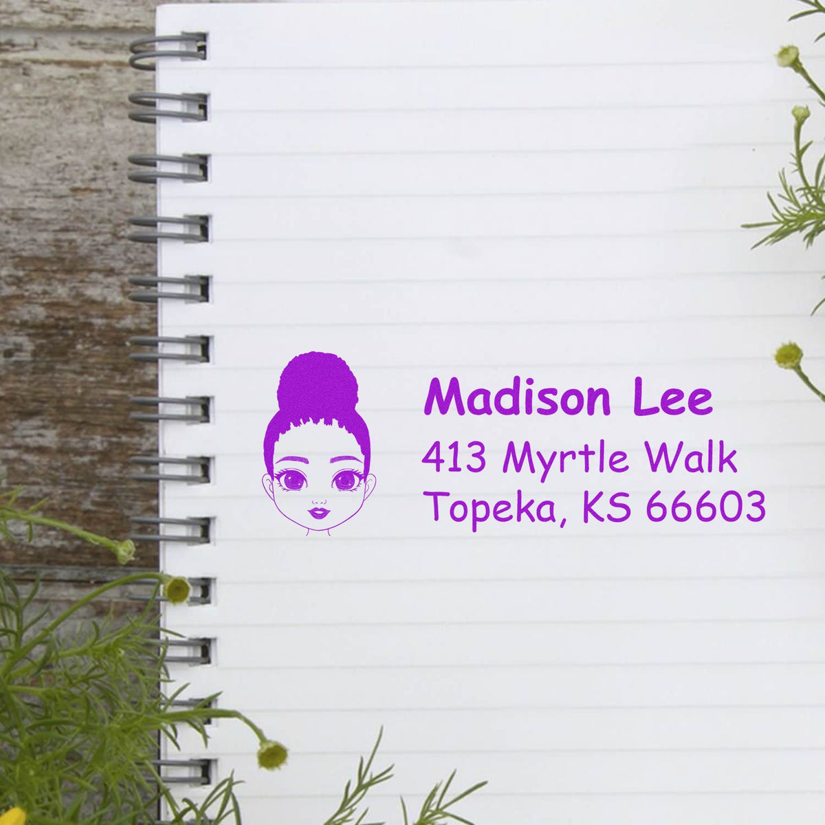 Personalized return address rubber stamp with girl portrait, Madison Lee, 413 Myrtle Walk, Topeka, KS 66603.