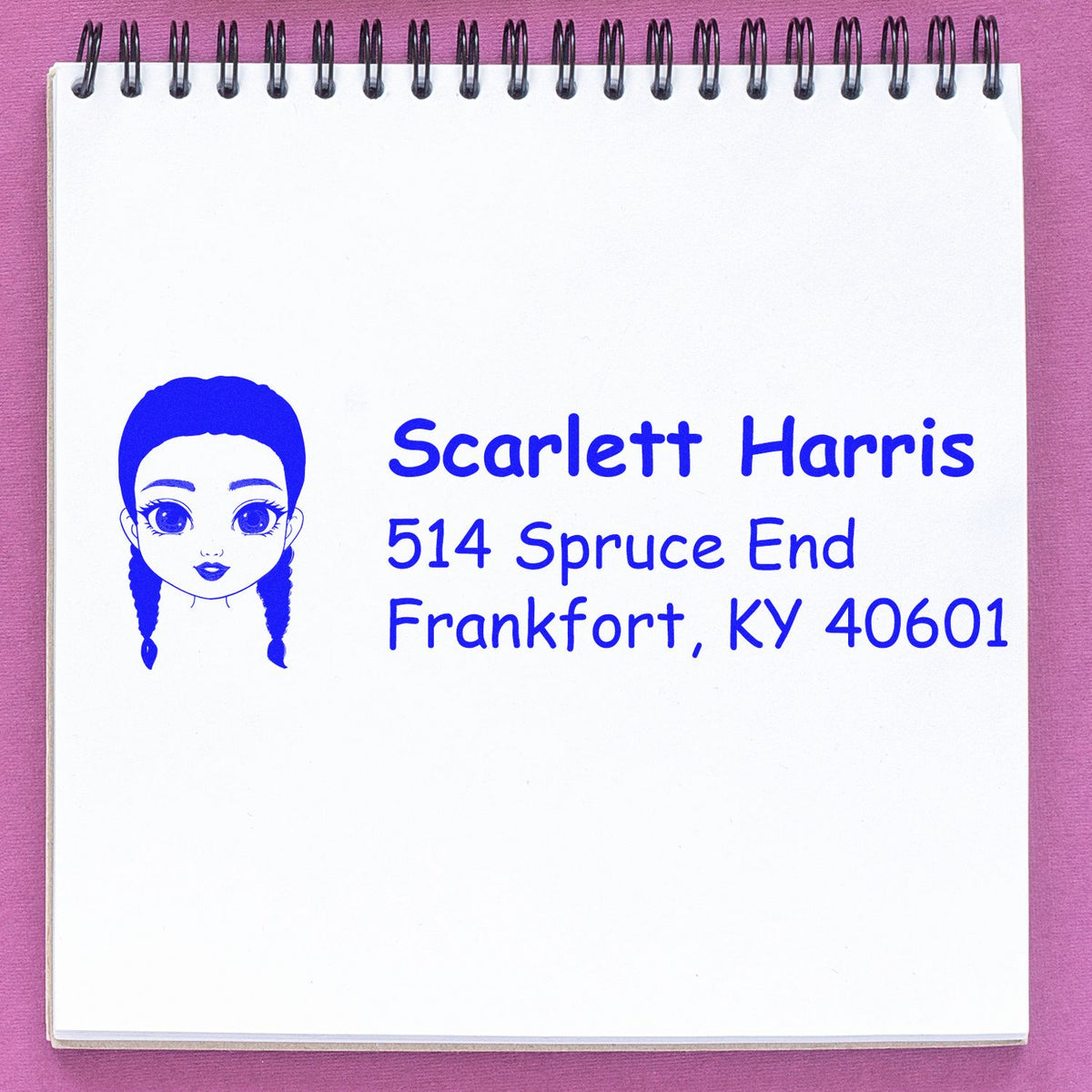 Personalized return address rubber stamp with custom avatar for Scarlett Harris, Frankfort, KY 40601.
