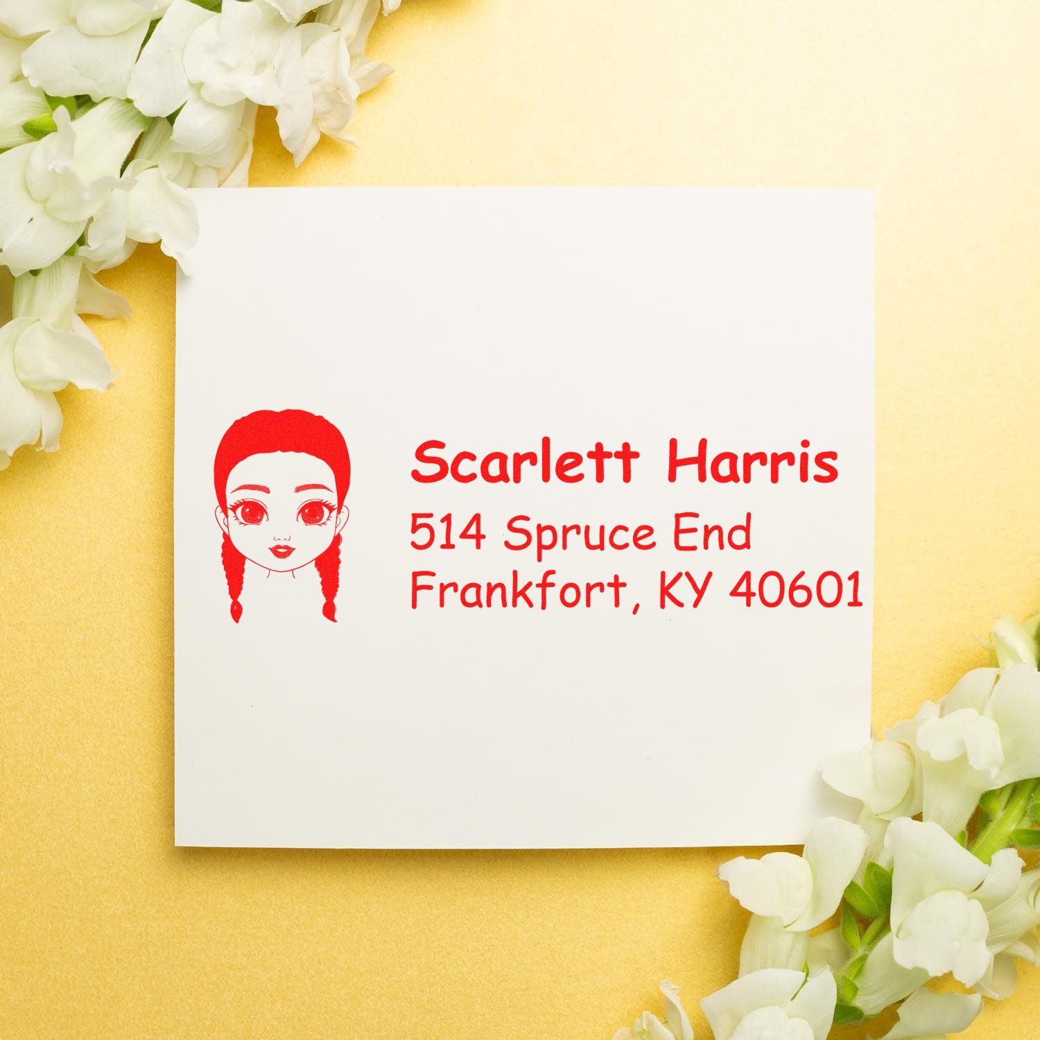 Custom return address rubber stamp sample with girl design, Scarlett Harris, 514 Spruce End, Frankfort, KY 40601 in red.