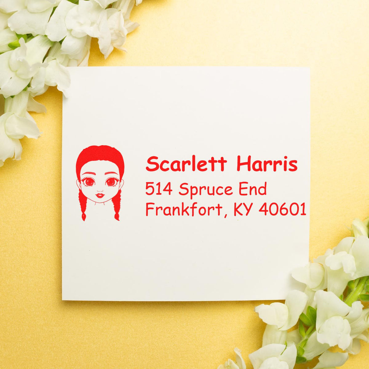 Custom address rubber stamp with girl icon, Scarlett Harris name, and Frankfort, KY mailing details for envelopes