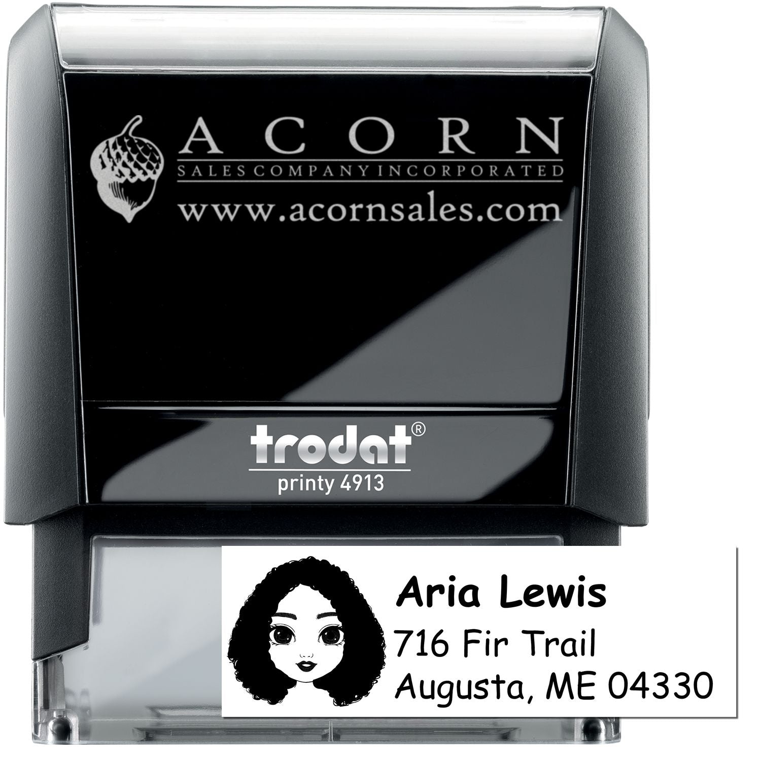 Custom self-inking rubber address stamp with logo, name, and address on Trodat Printy 4913 business stamper.