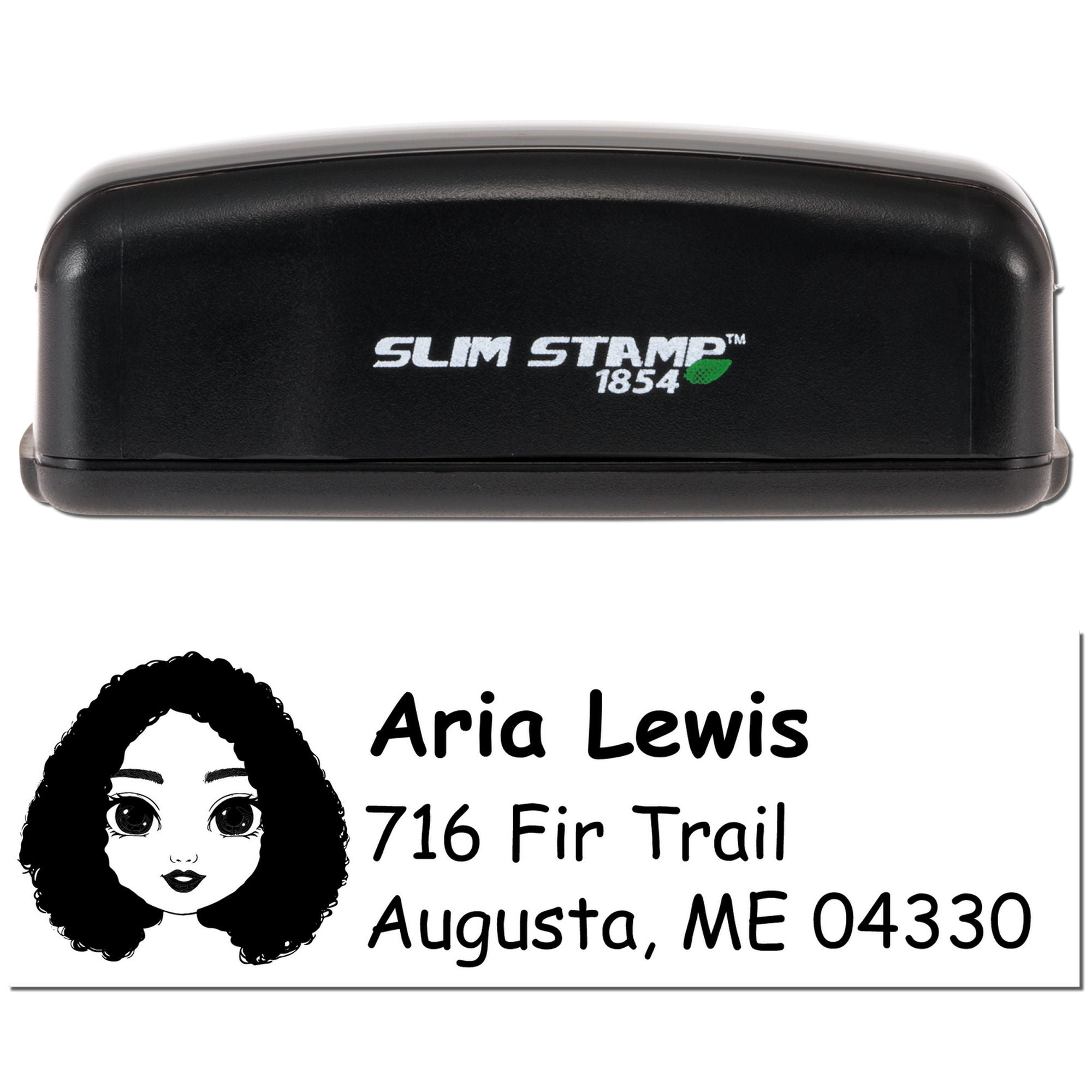 Custom Slim Stamp 1854 rubber stamp with personalized return address imprint for Aria Lewis, Augusta, ME 04330