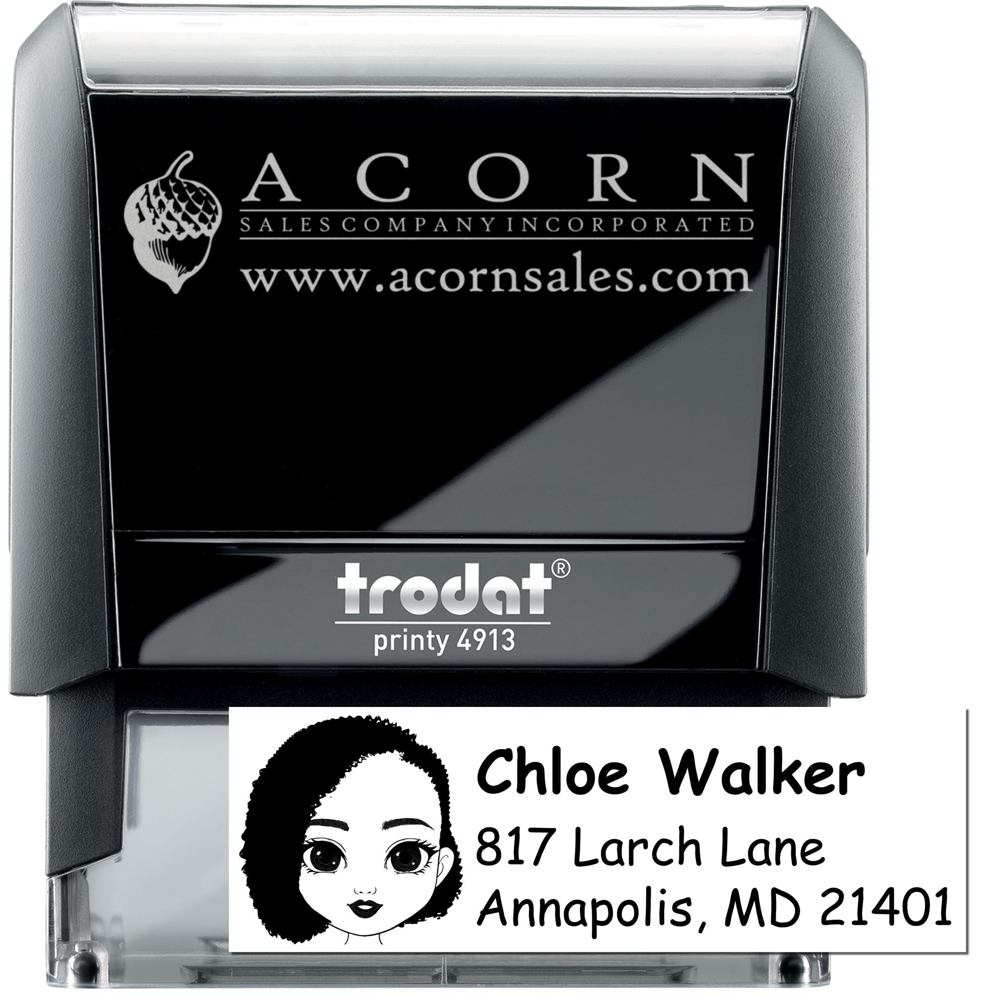 Personalized self-inking rubber stamp with return address and logo, Trodat Printy 4913 for business mailing and branding.