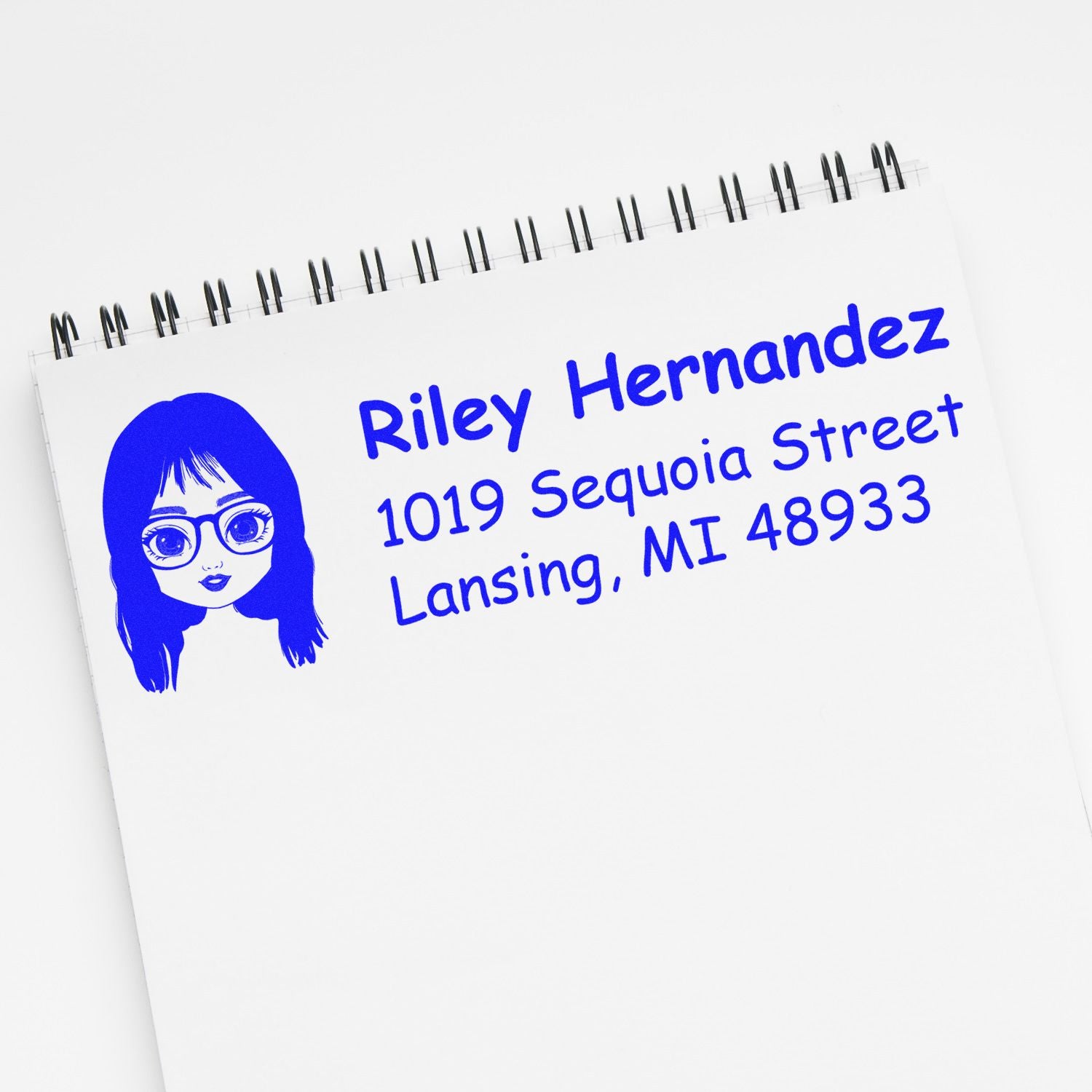 Personalized return address rubber stamp with avatar, custom name, and Lansing, MI address