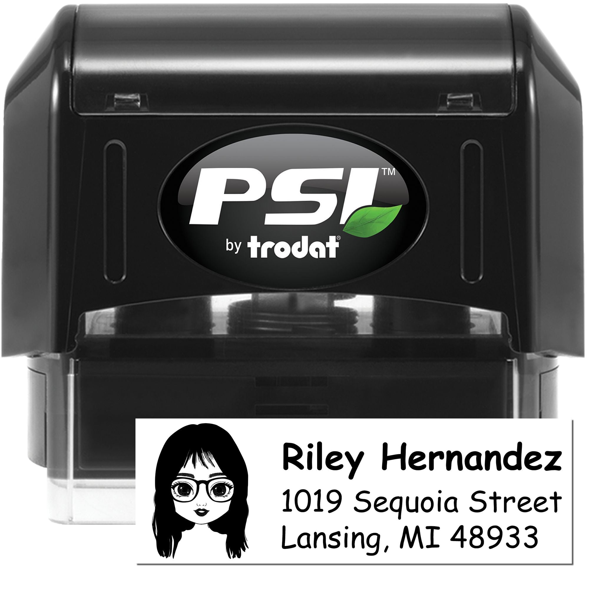 Custom self-inking address rubber stamp with cartoon portrait, name and address for mailing labels, PSI by Trodat.