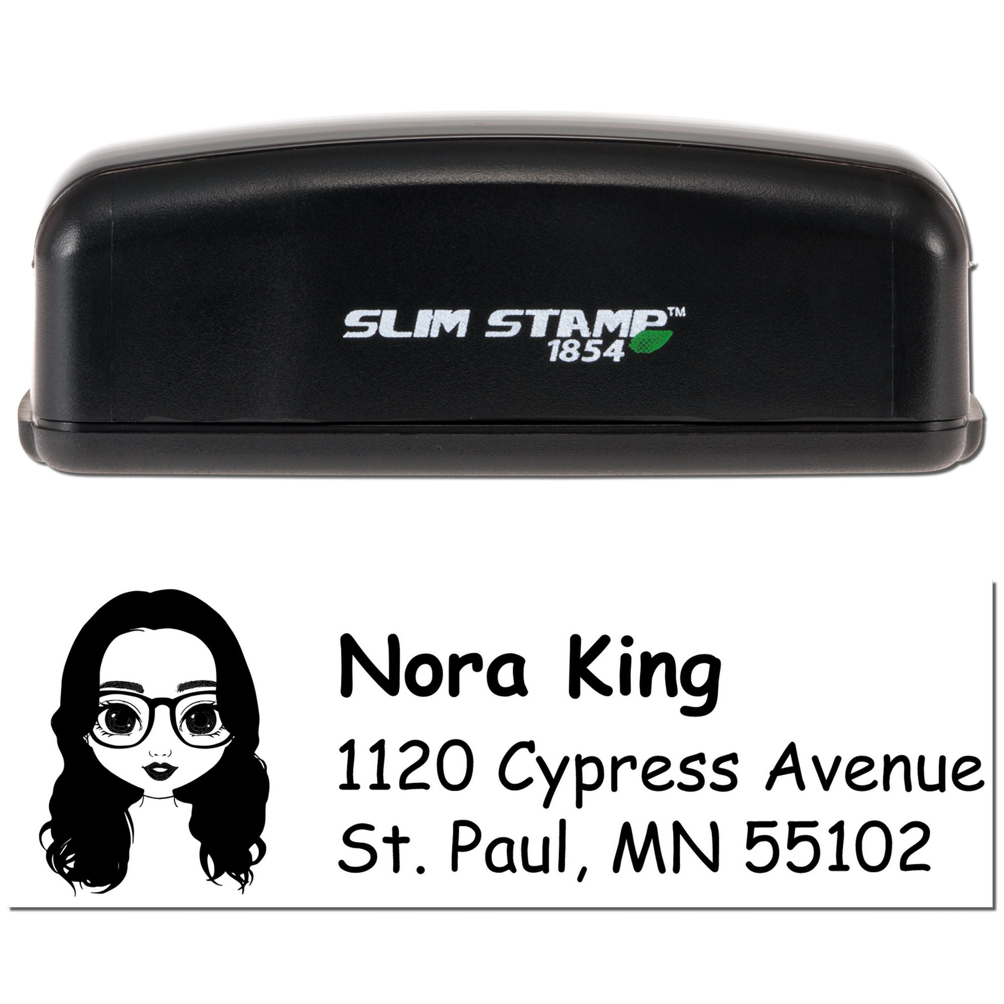 Custom self-inking rubber stamp with personalized name, address, and avatar for mailing and return address use.