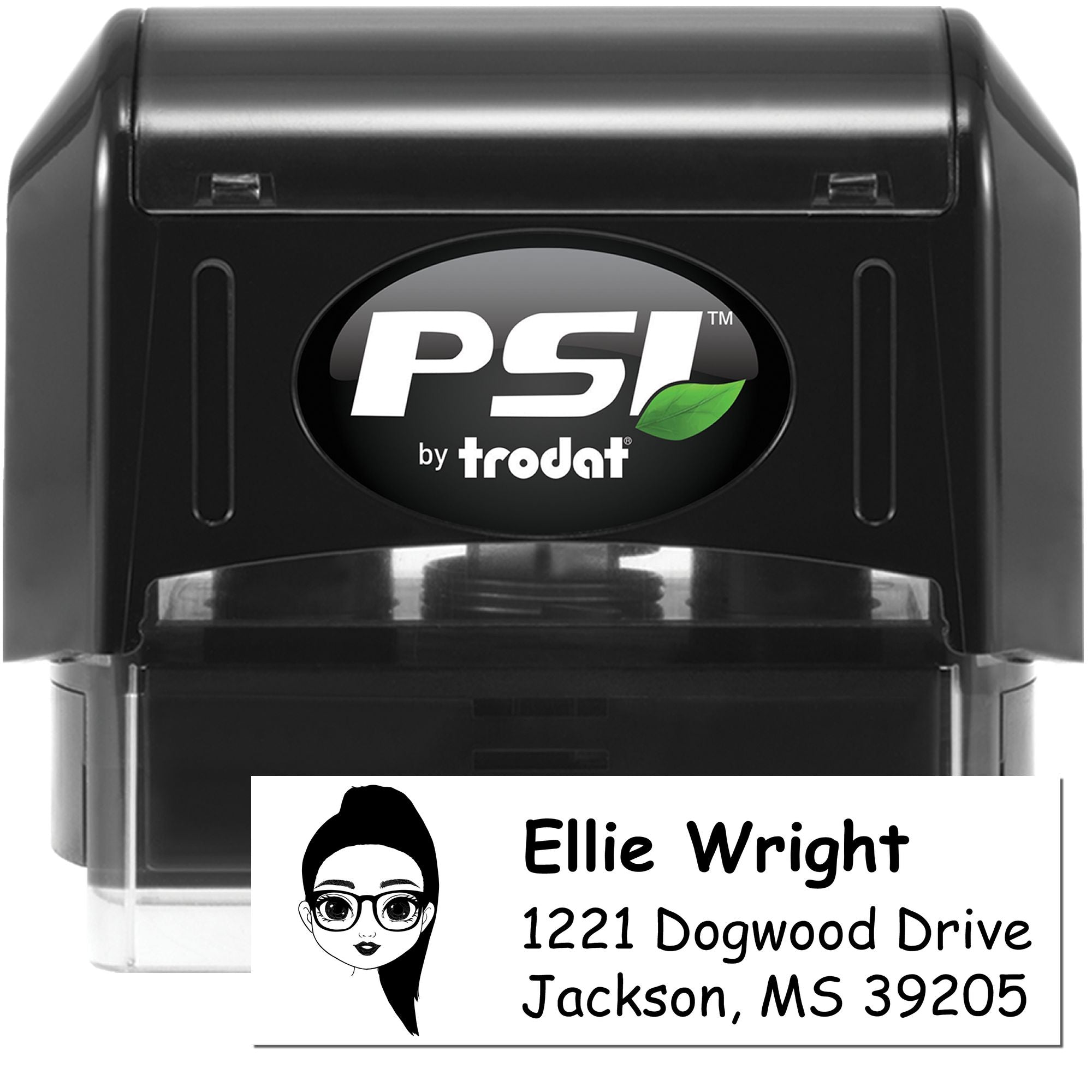 PSI by Trodat self-inking address rubber stamp with custom name and return address for mailing labels.