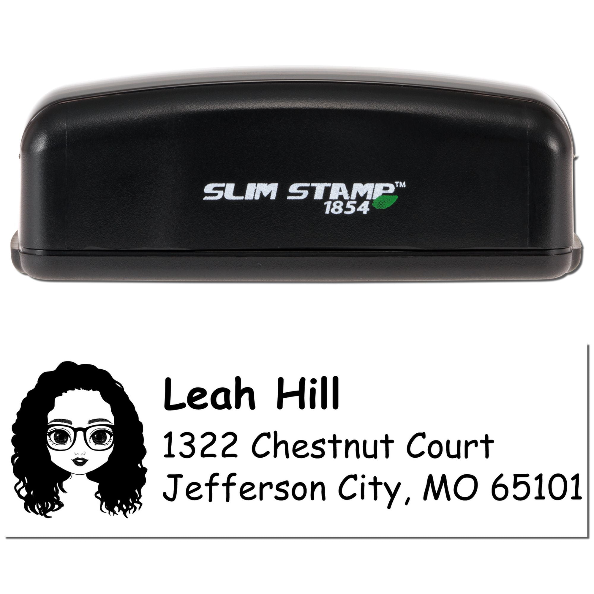 Custom self-inking rubber address stamp with Leah Hill name and Jefferson City, MO return address imprint.