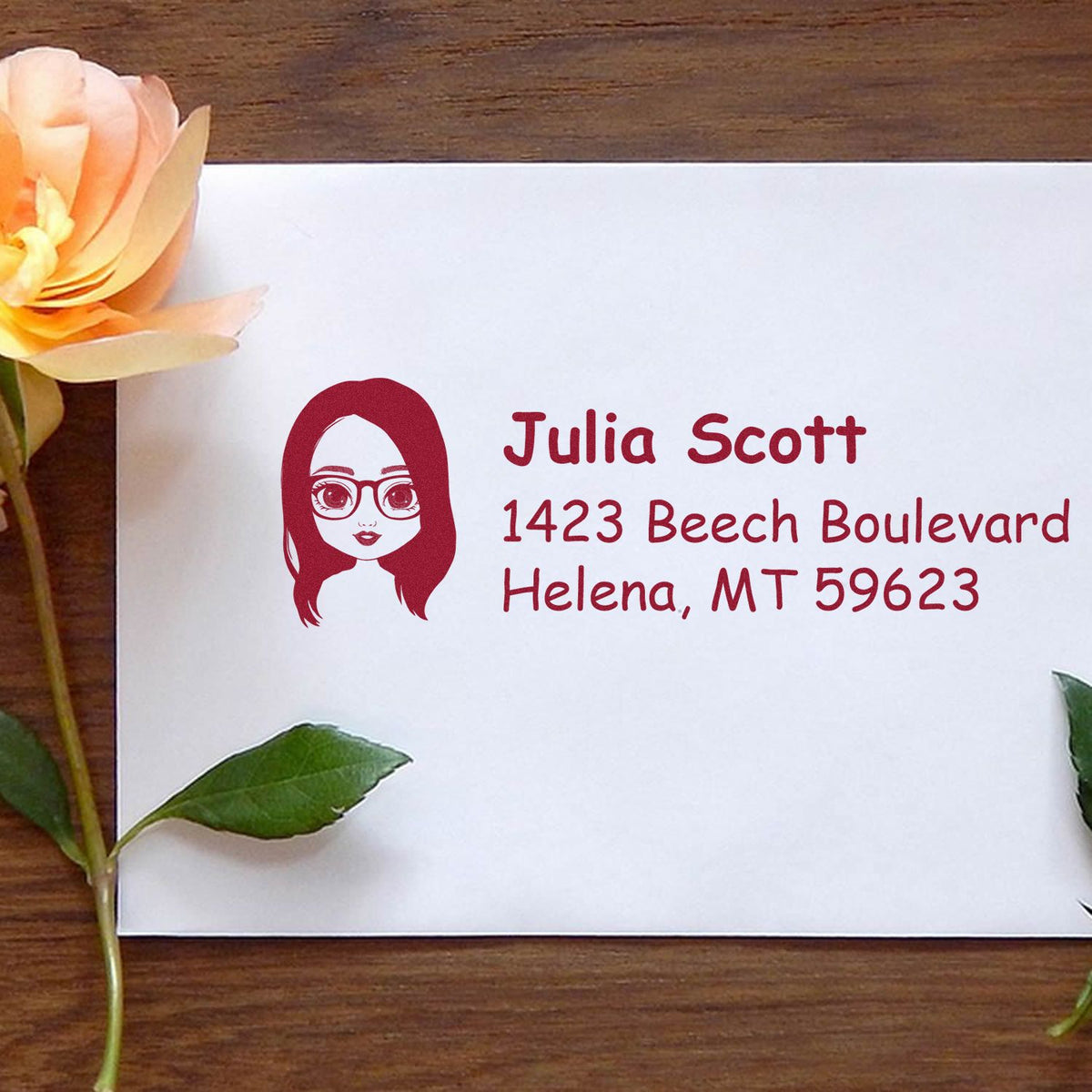Personalized return address rubber stamp for Julia Scott, 1423 Beech Boulevard, Helena, MT 59623.